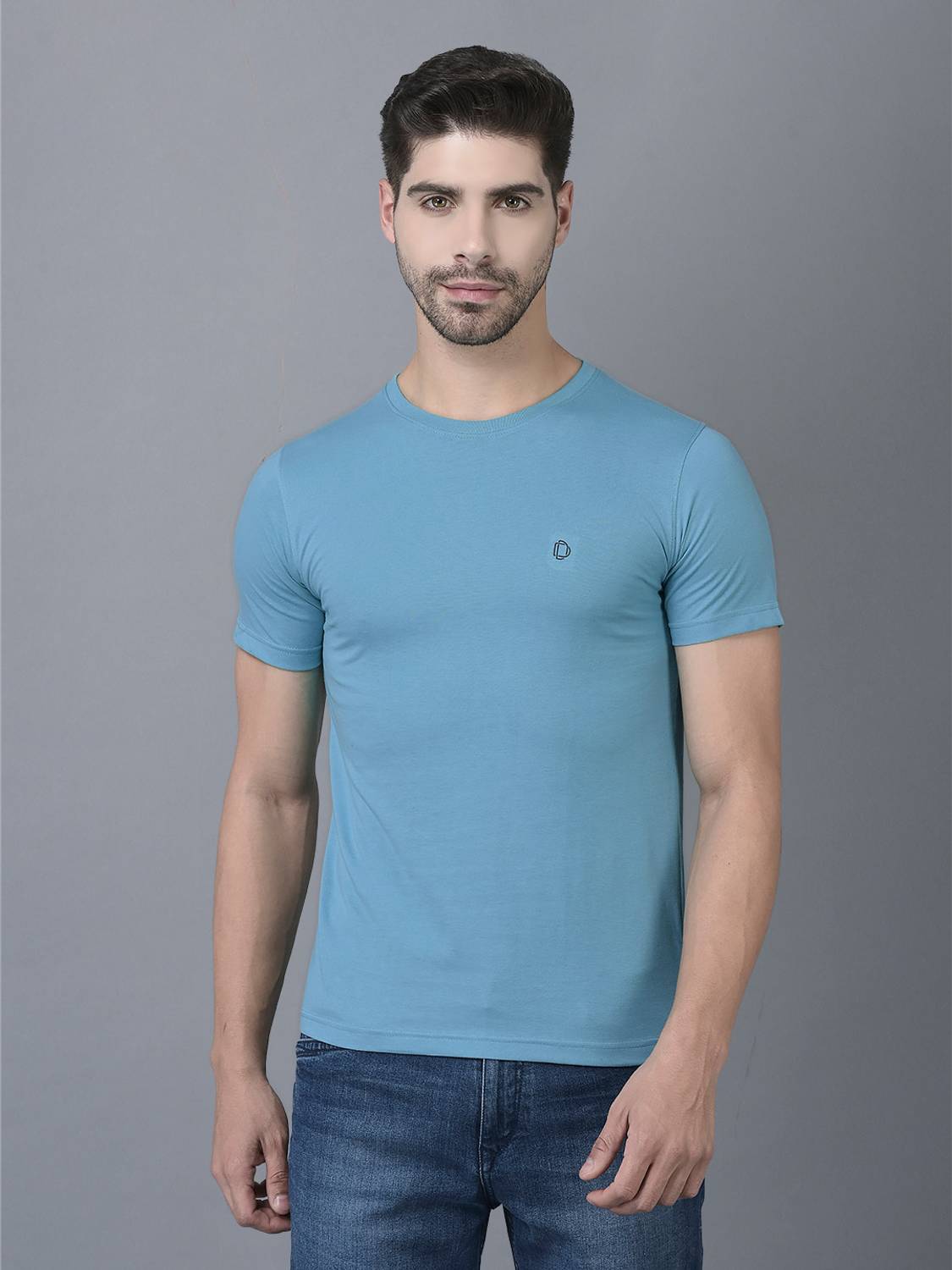 Dollar Men Solid Crew Neck Pure Cotton Blue T-Shirt