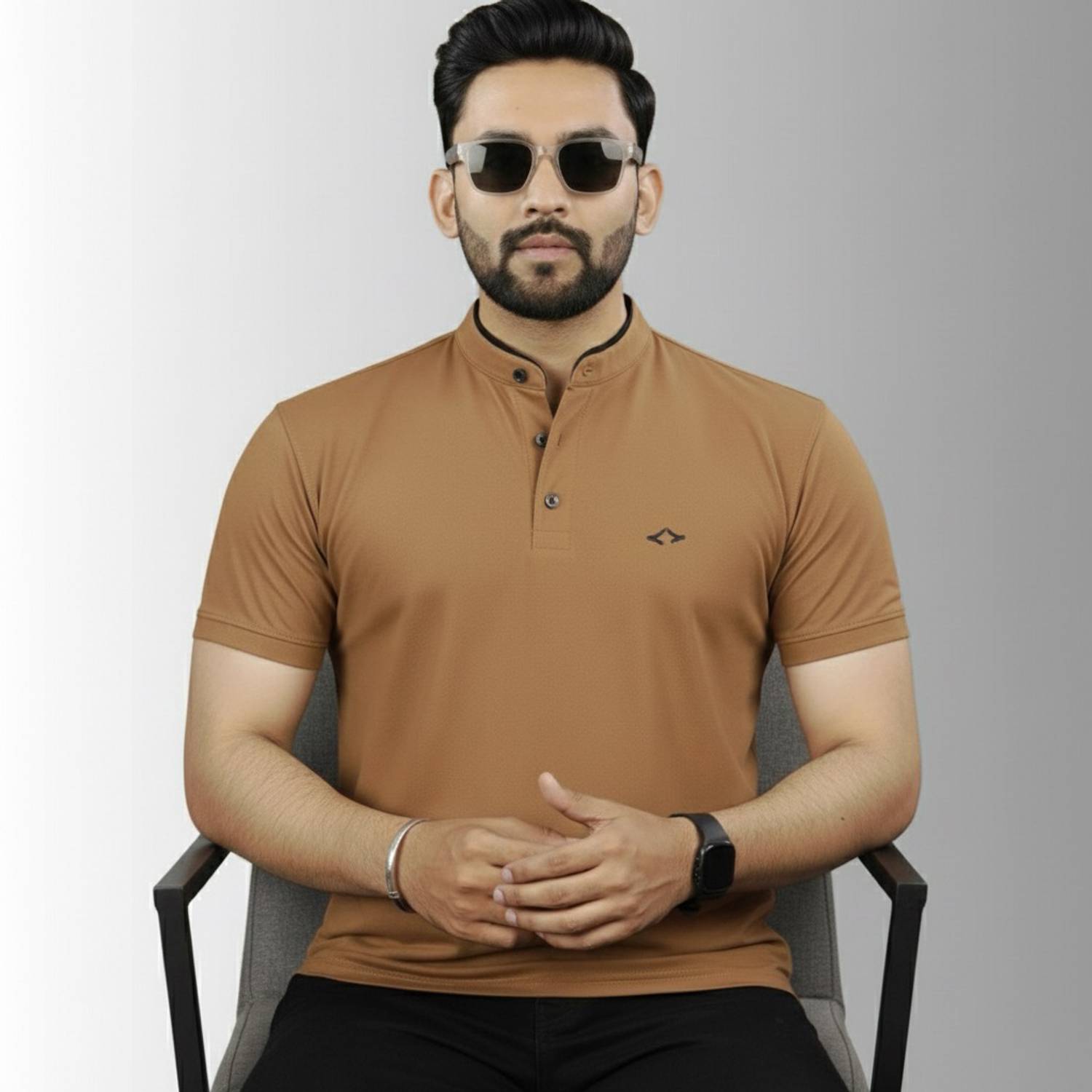BUFFARO Men Solid Mandarin Collar Polycotton Brown T-Shirt