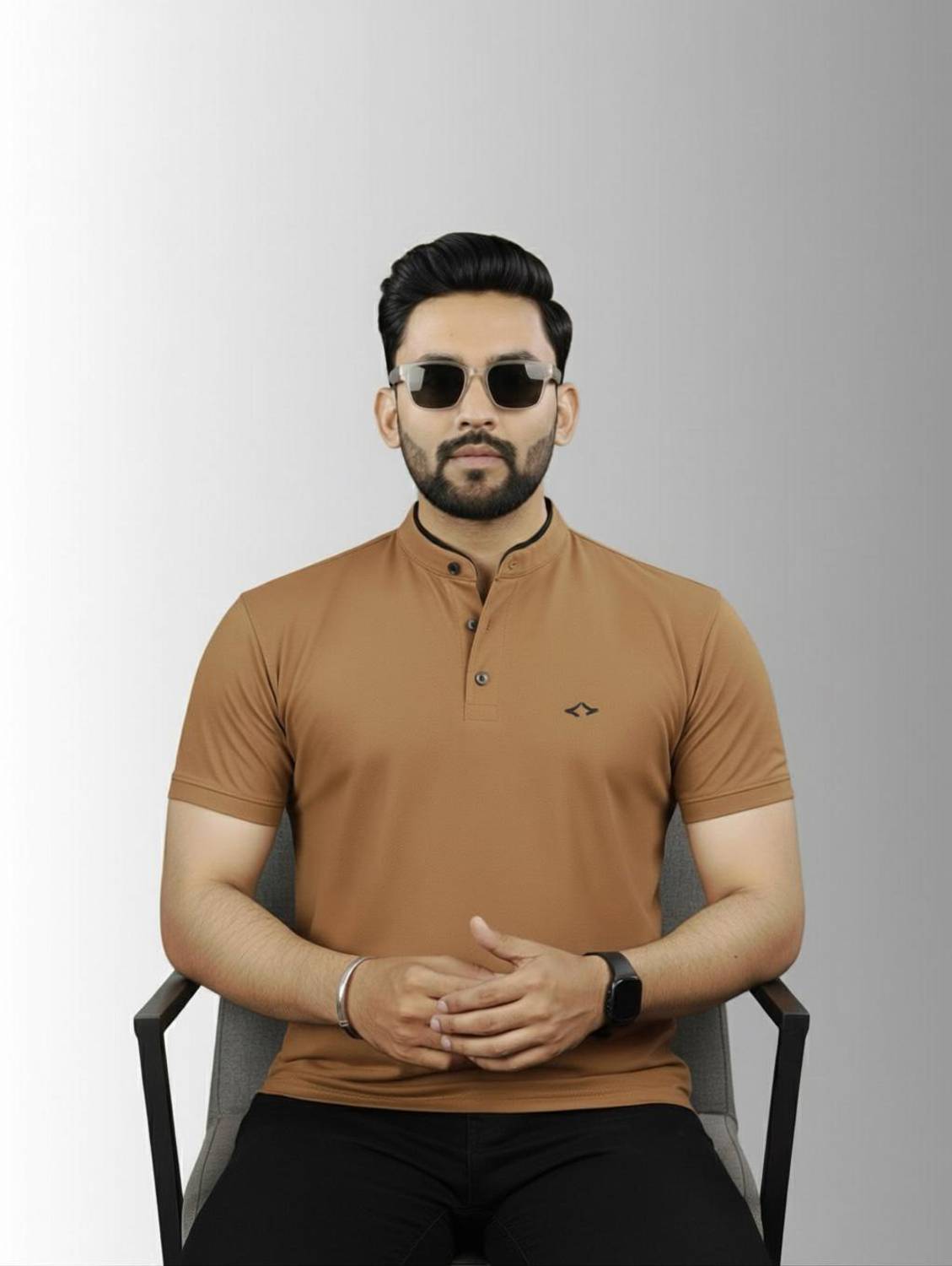 BUFFARO Solid Men Mandarin Collar Brown T-Shirt