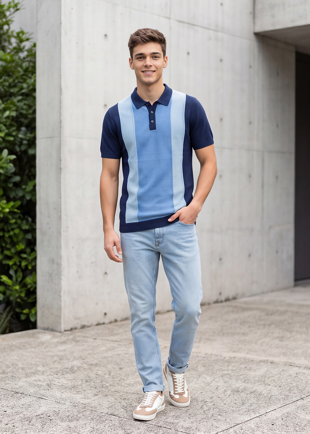 Image of KILLER Flat knit Men Striped Polo Neck Cotton Blend Navy Blue T-Shirt