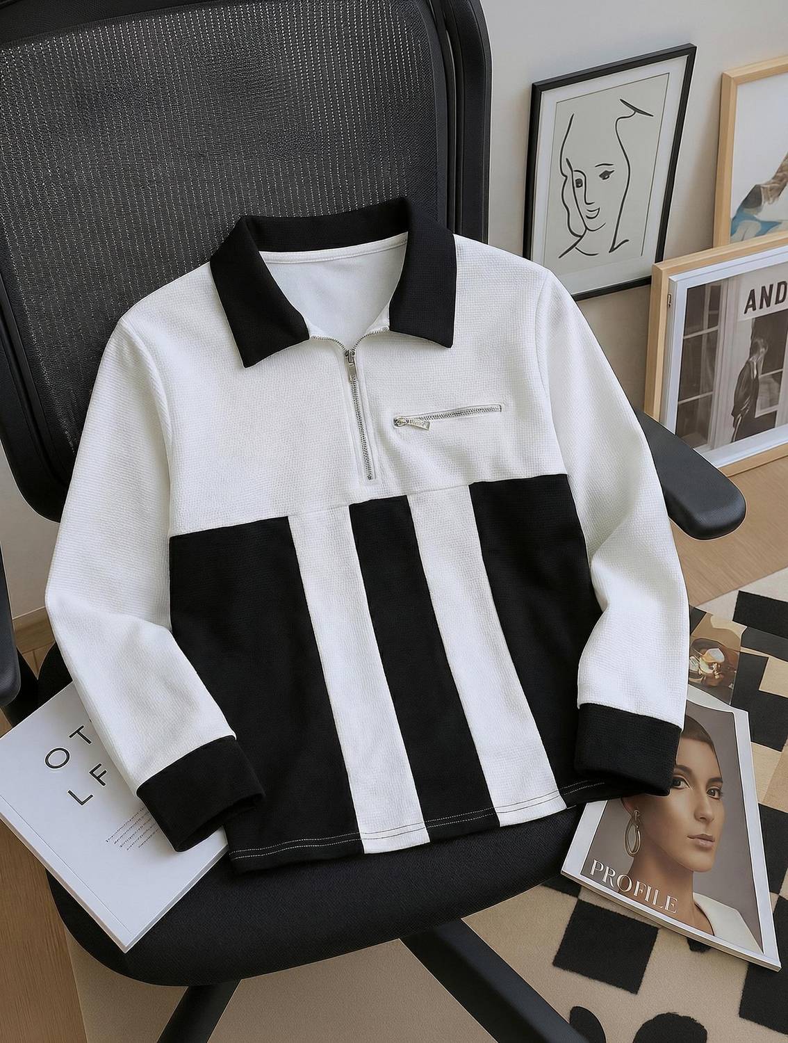 Try This Striped Men Zip Neck Black, Silver T-Shirt