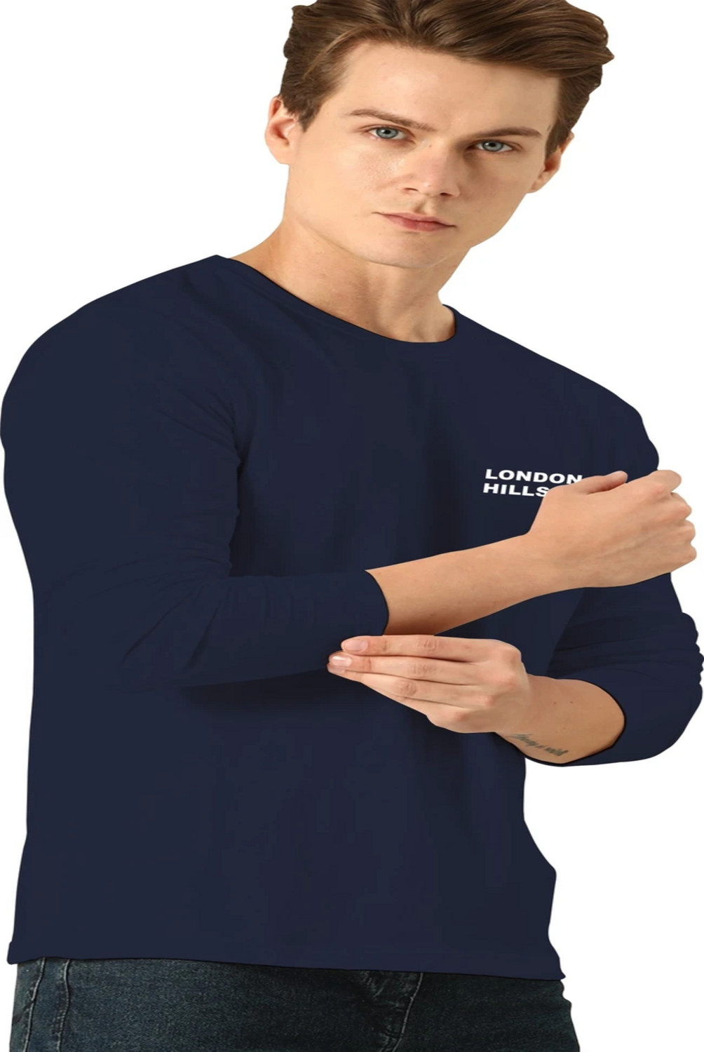 Image of London Hills Printed Men Round Neck Navy Blue T-Shirt
