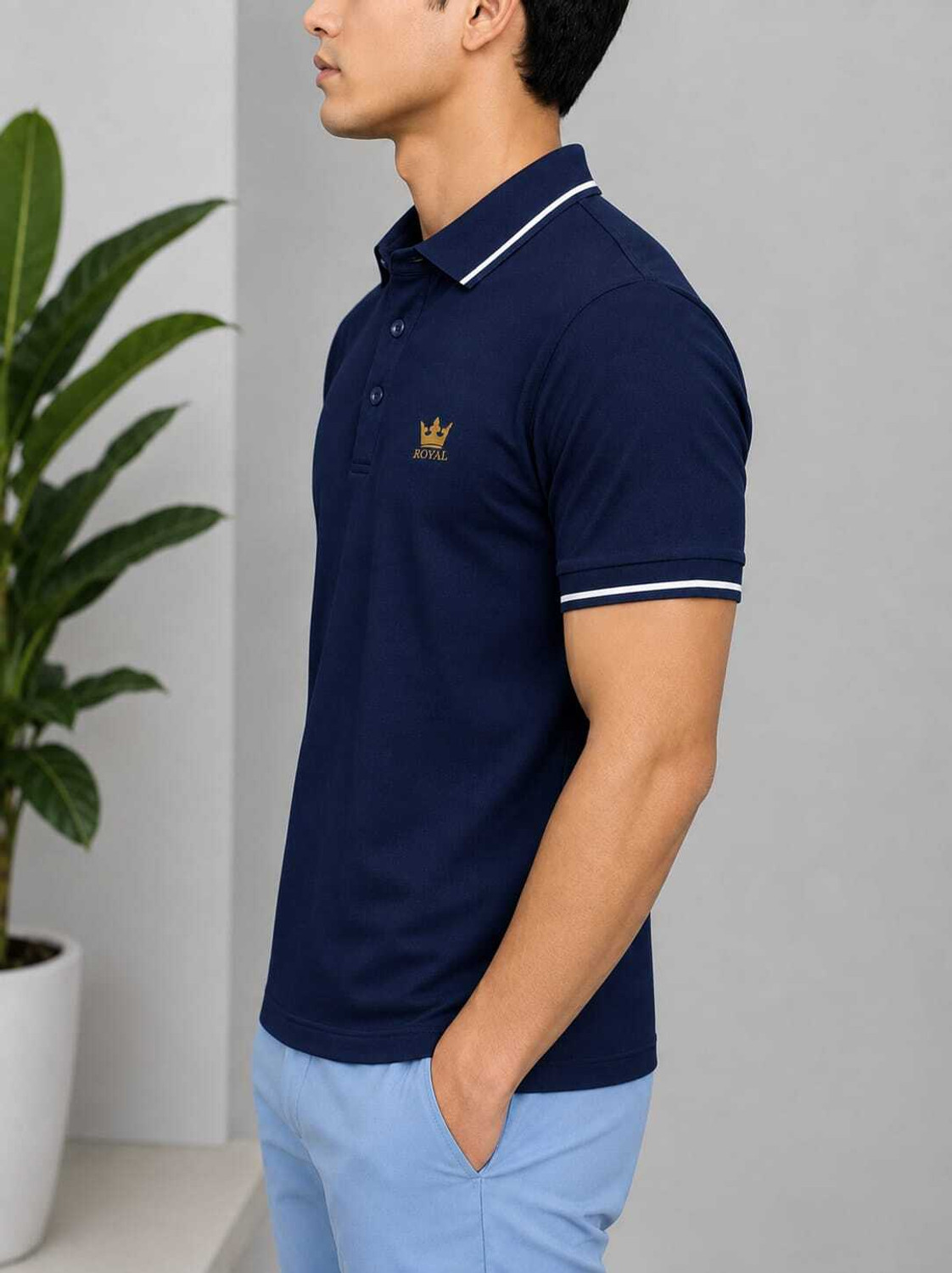 Image of AACHIPAN Men Colorblock Polo Neck Pure Cotton Dark Blue T-Shirt