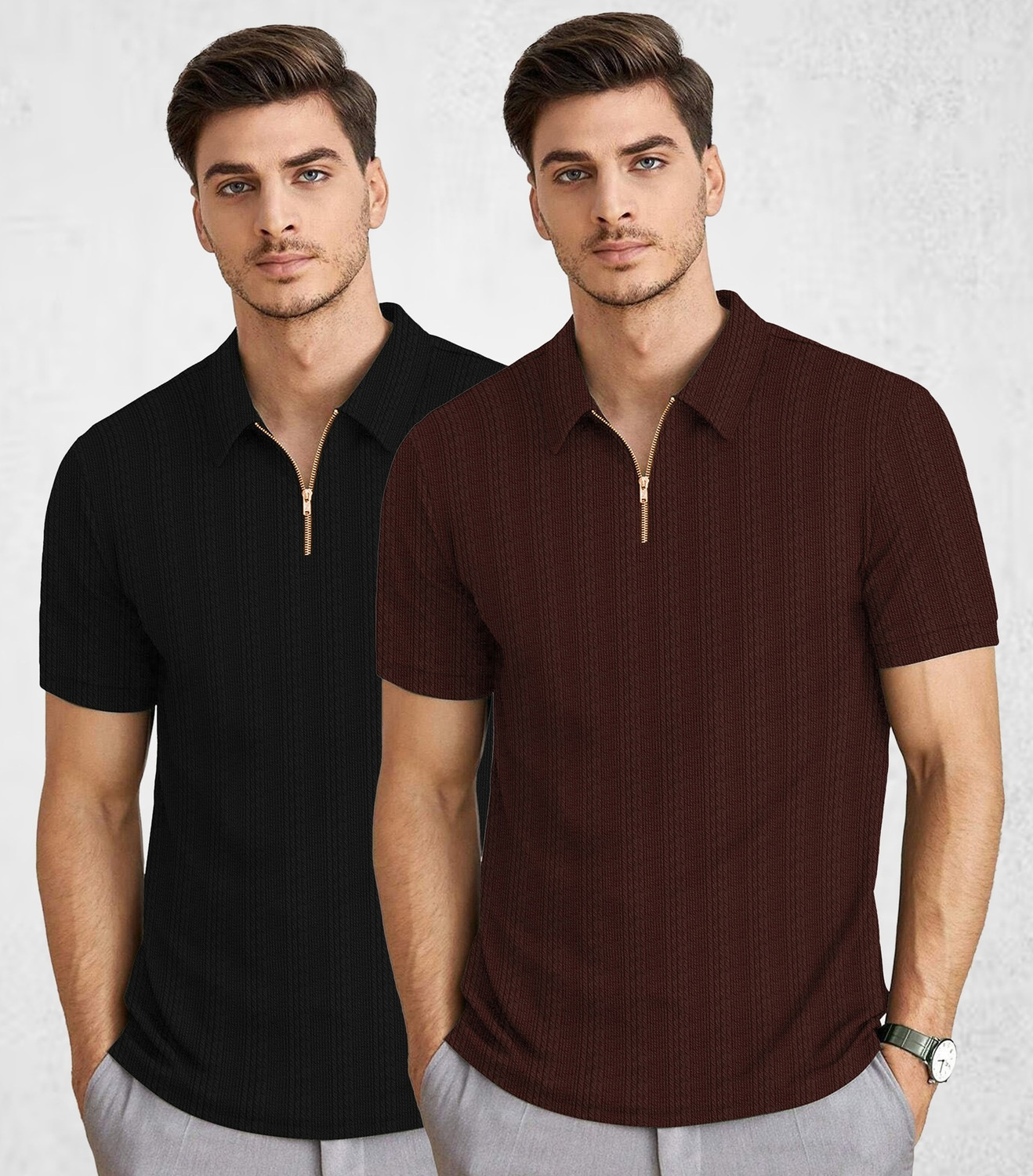 Image of KAJARU Self Design Men Zip Neck Brown, Black T-Shirt