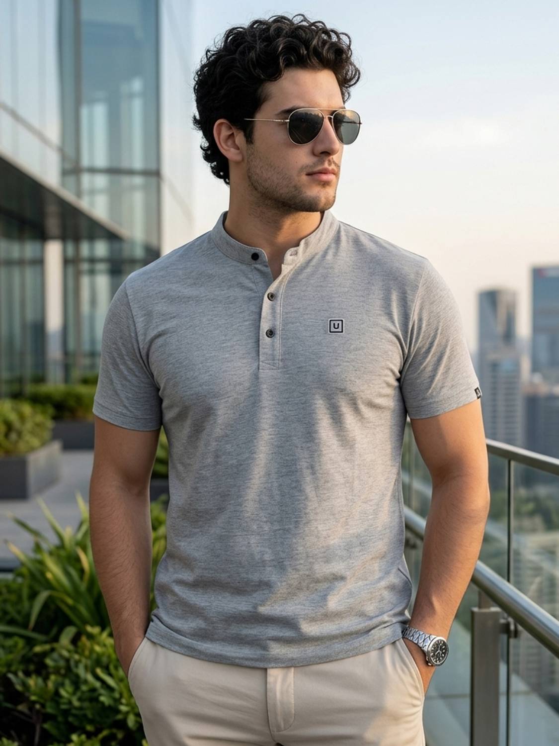 Urbano Fashion Men Solid Mandarin Collar Pure Cotton Grey T-Shirt