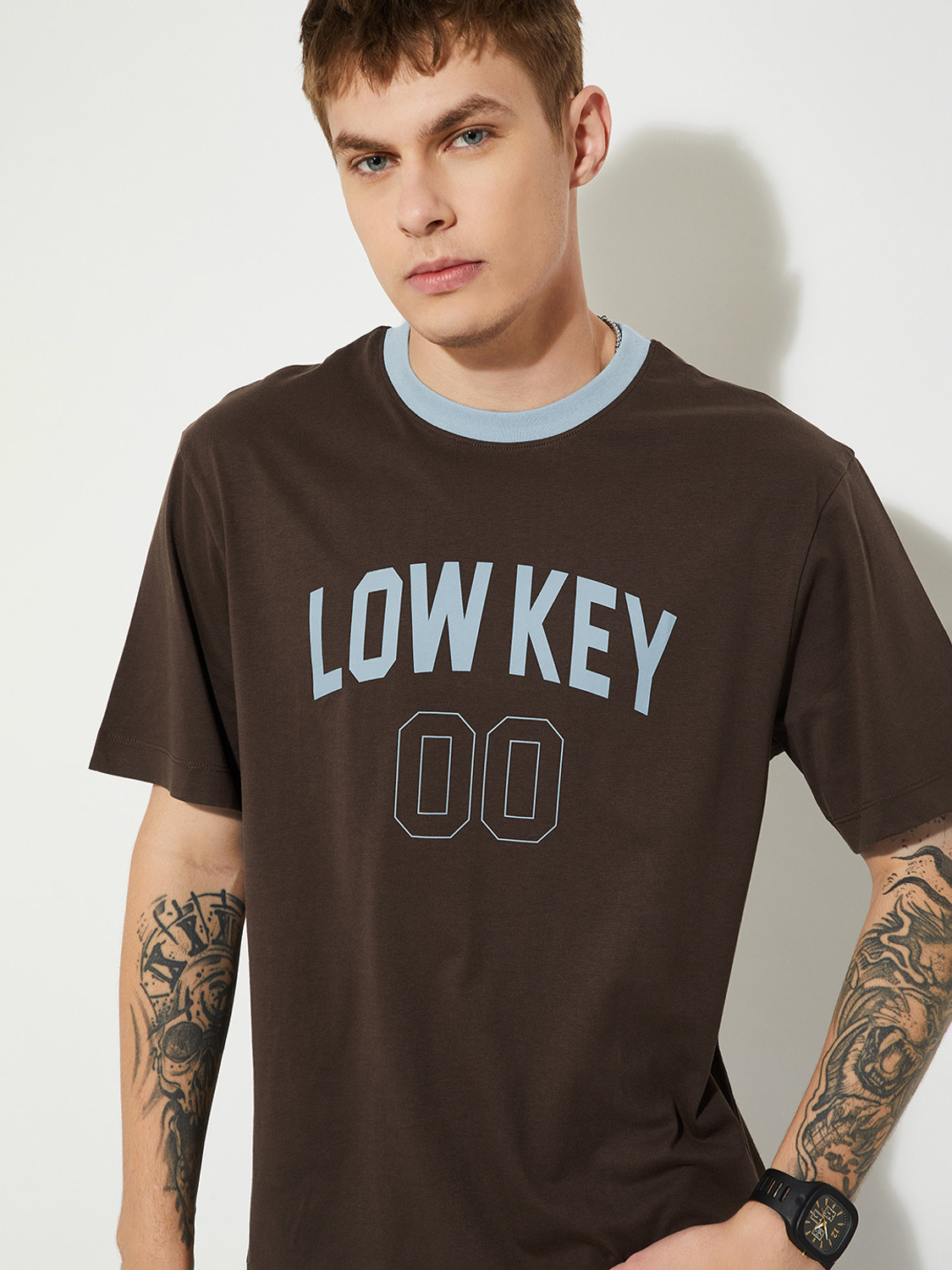Image of MAX Printed Men Round Neck Brown T-Shirt