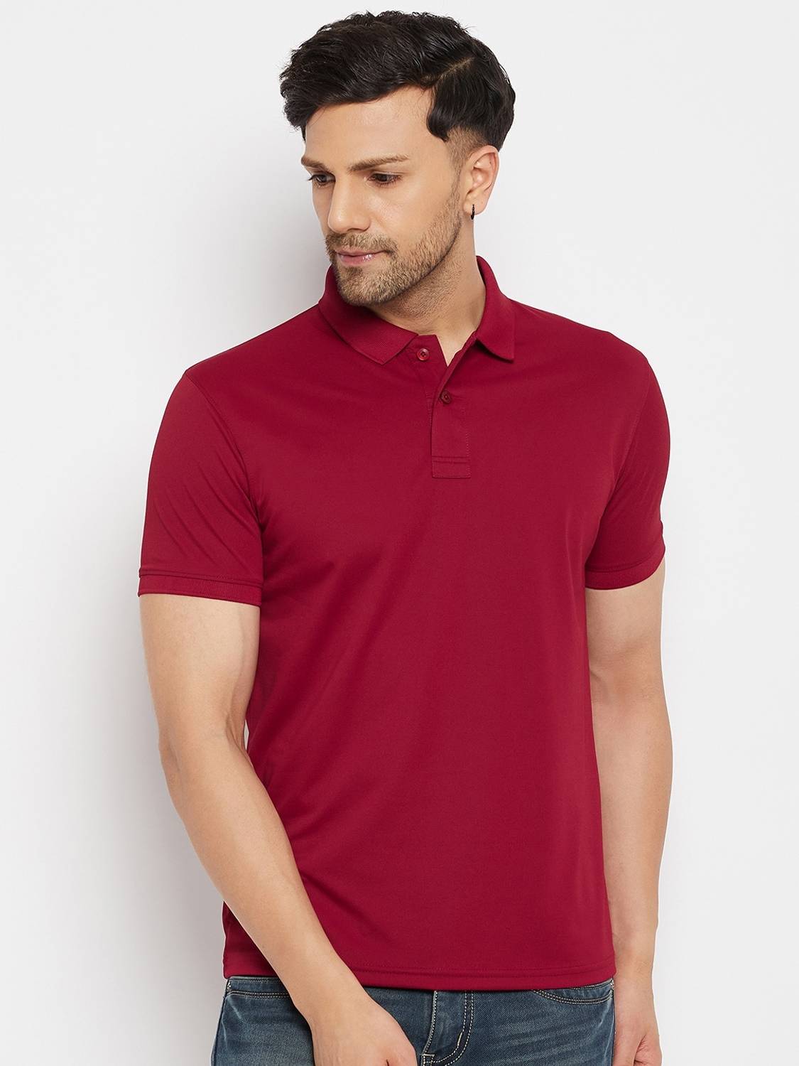 98 Degree North Solid Men Polo Neck Maroon T-Shirt
