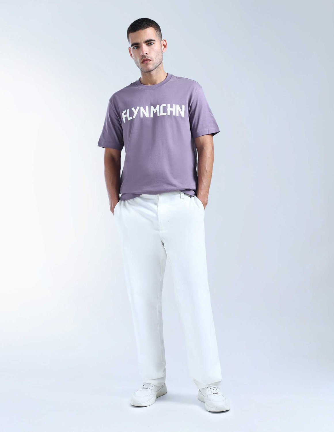 Image of FLYING MACHINE Graphic Print Men Round Neck Purple T-Shirt
