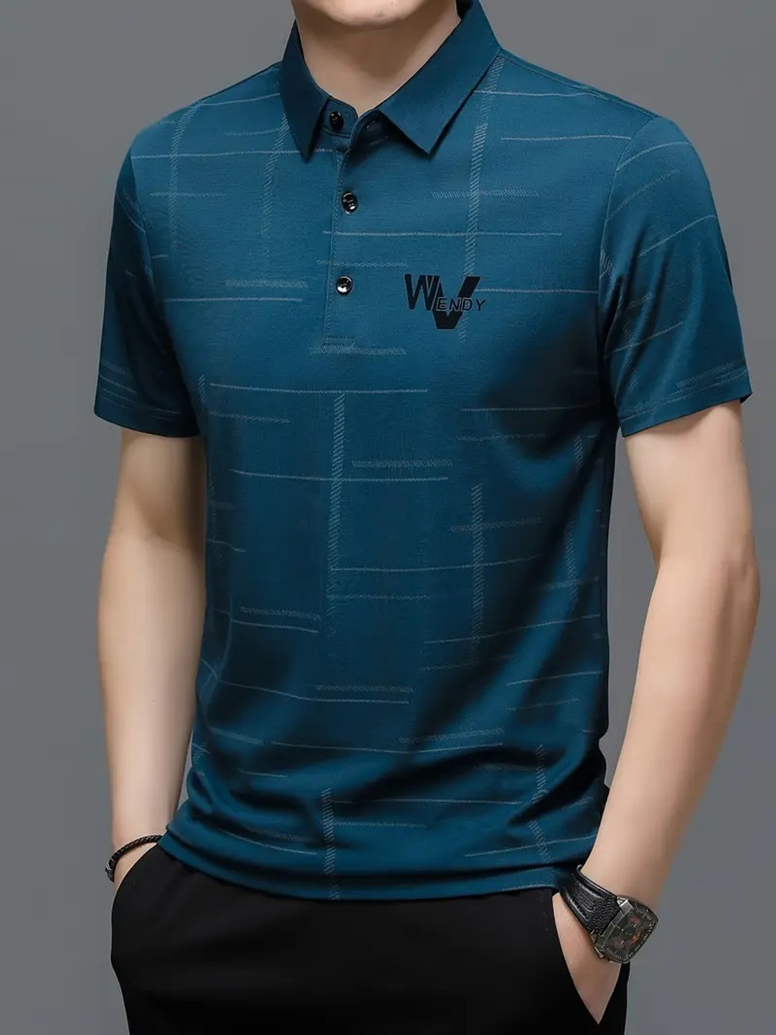 Image of Aksaclothing Men Printed Polo Neck Pure Cotton Blue T-Shirt