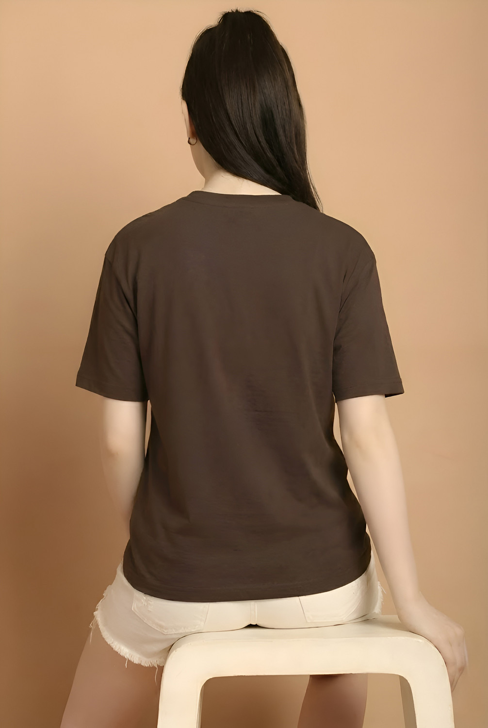 Image of Starword Printed Women Round Neck Brown T-Shirt