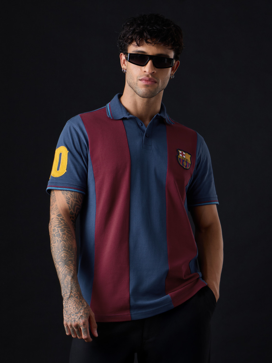 Image of The Souled Store Colorblock Men Polo Neck Navy Blue, Maroon T-Shirt