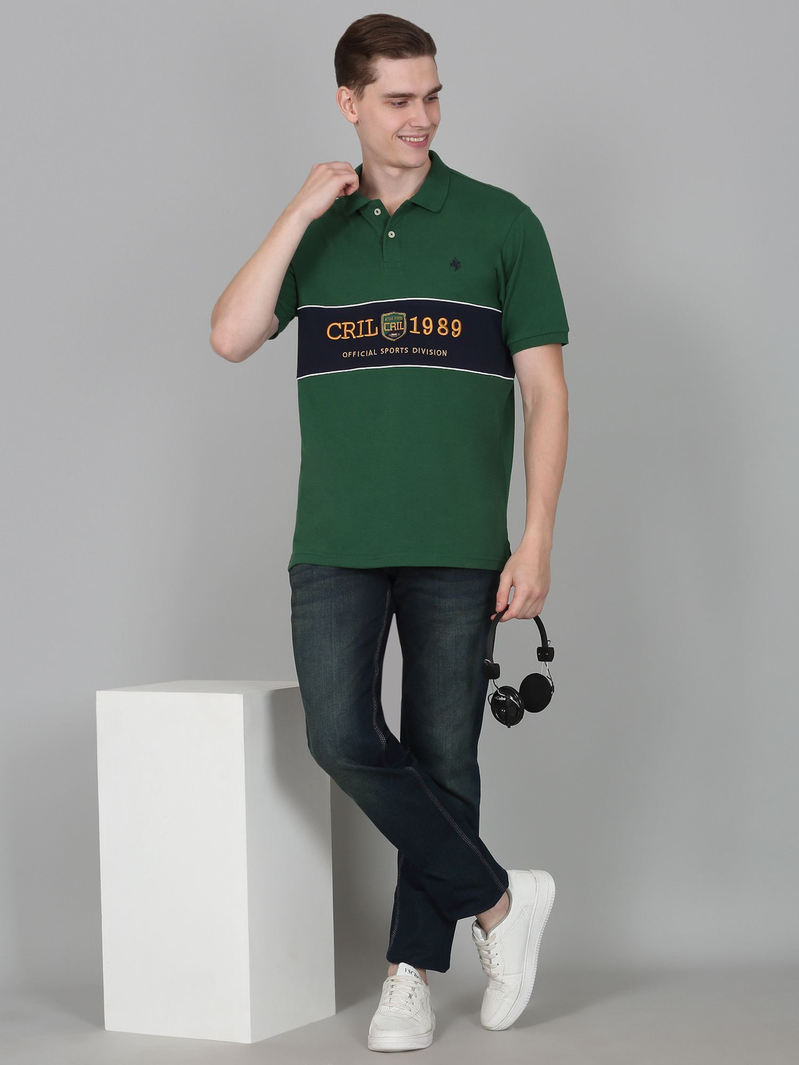 Image of CANTABIL Printed Men Polo Neck Green T-Shirt