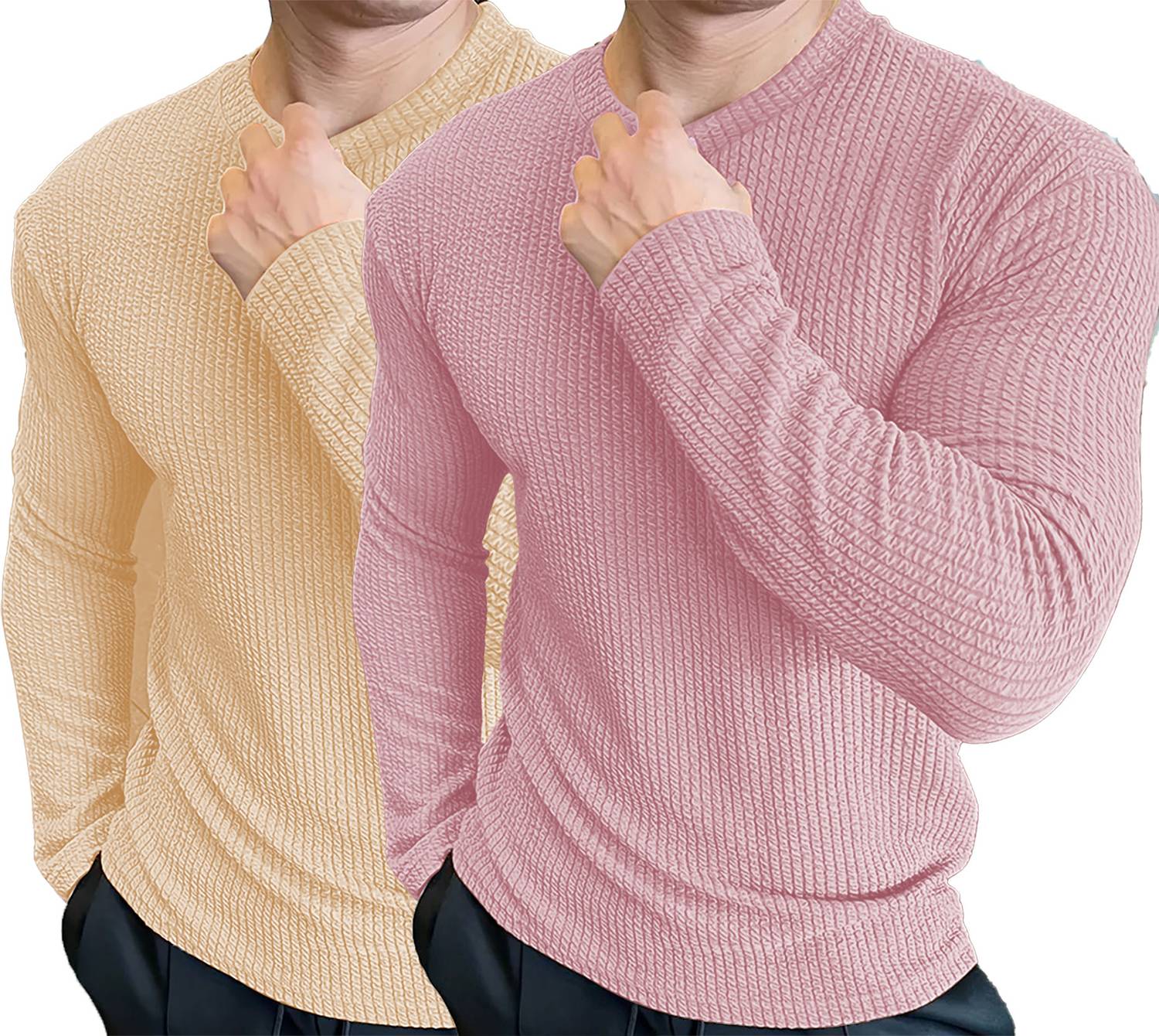 KAJARU Pack of 2 Men Self Design Round Neck Polyester Beige, Pink