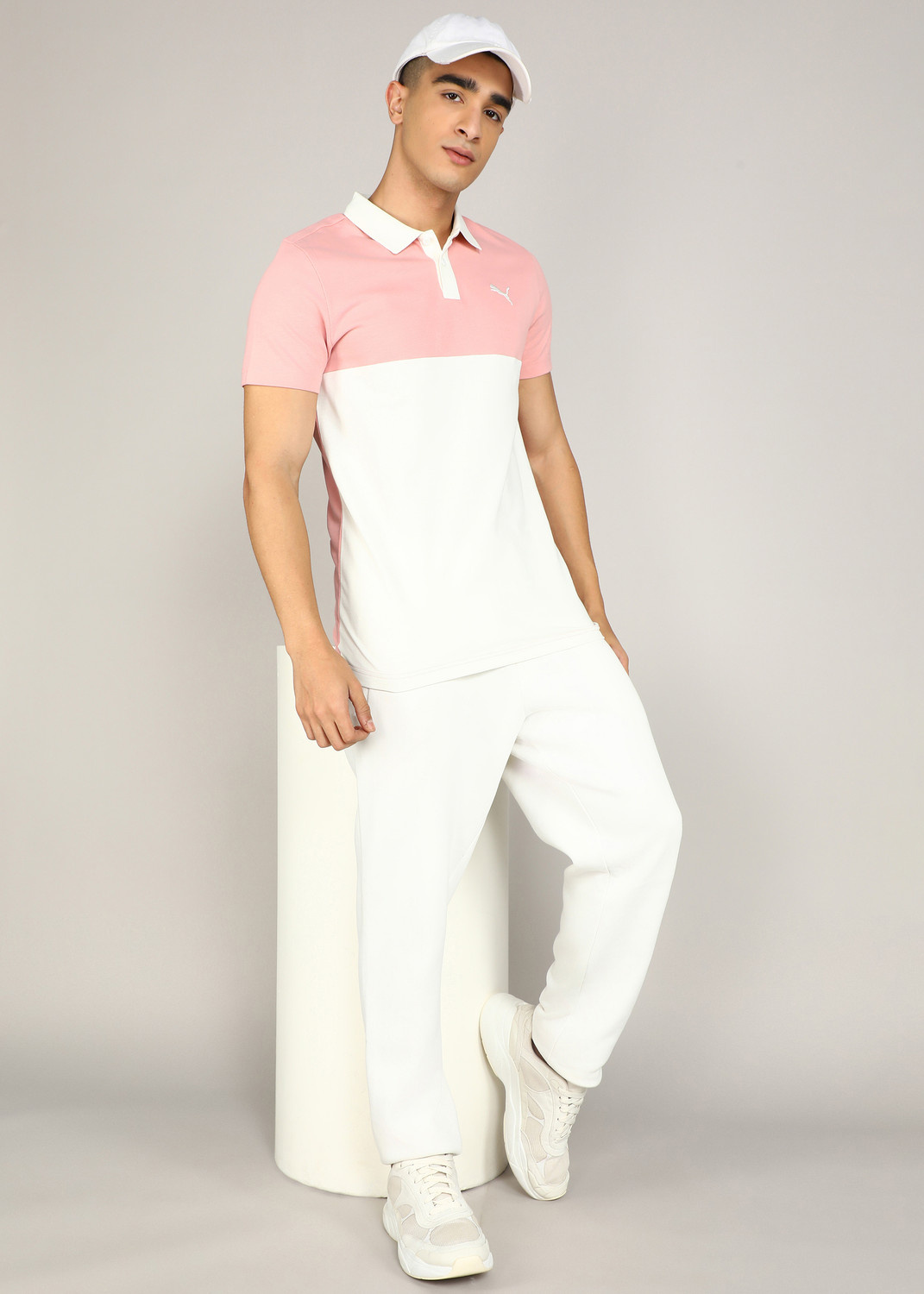 Image of PUMA Colorblock Men Polo Neck White, Pink T-Shirt