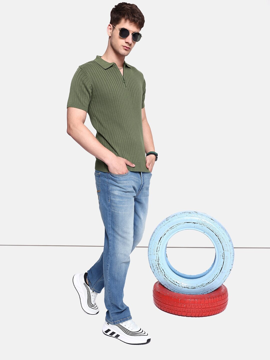 Image of Roadster Self Design Men Polo Neck Green T-Shirt