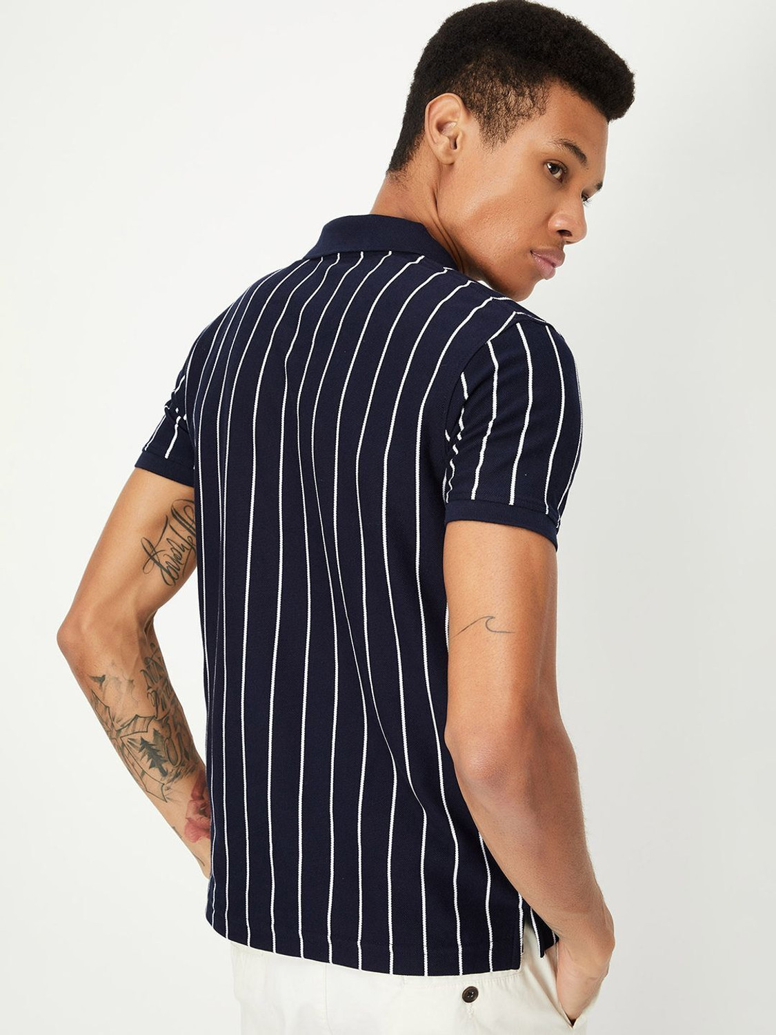 Image of MAX Striped Men Round Neck Blue T-Shirt