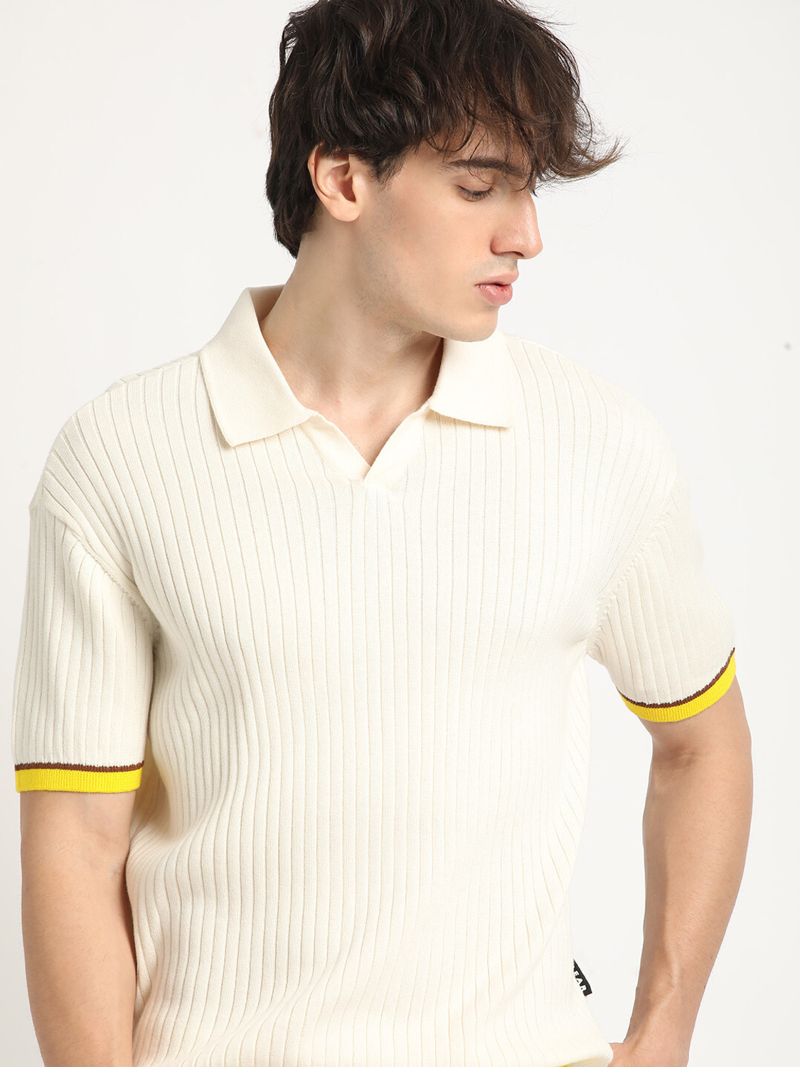 Image of THE BEAR HOUSE Self Design Men Polo Neck White T-Shirt