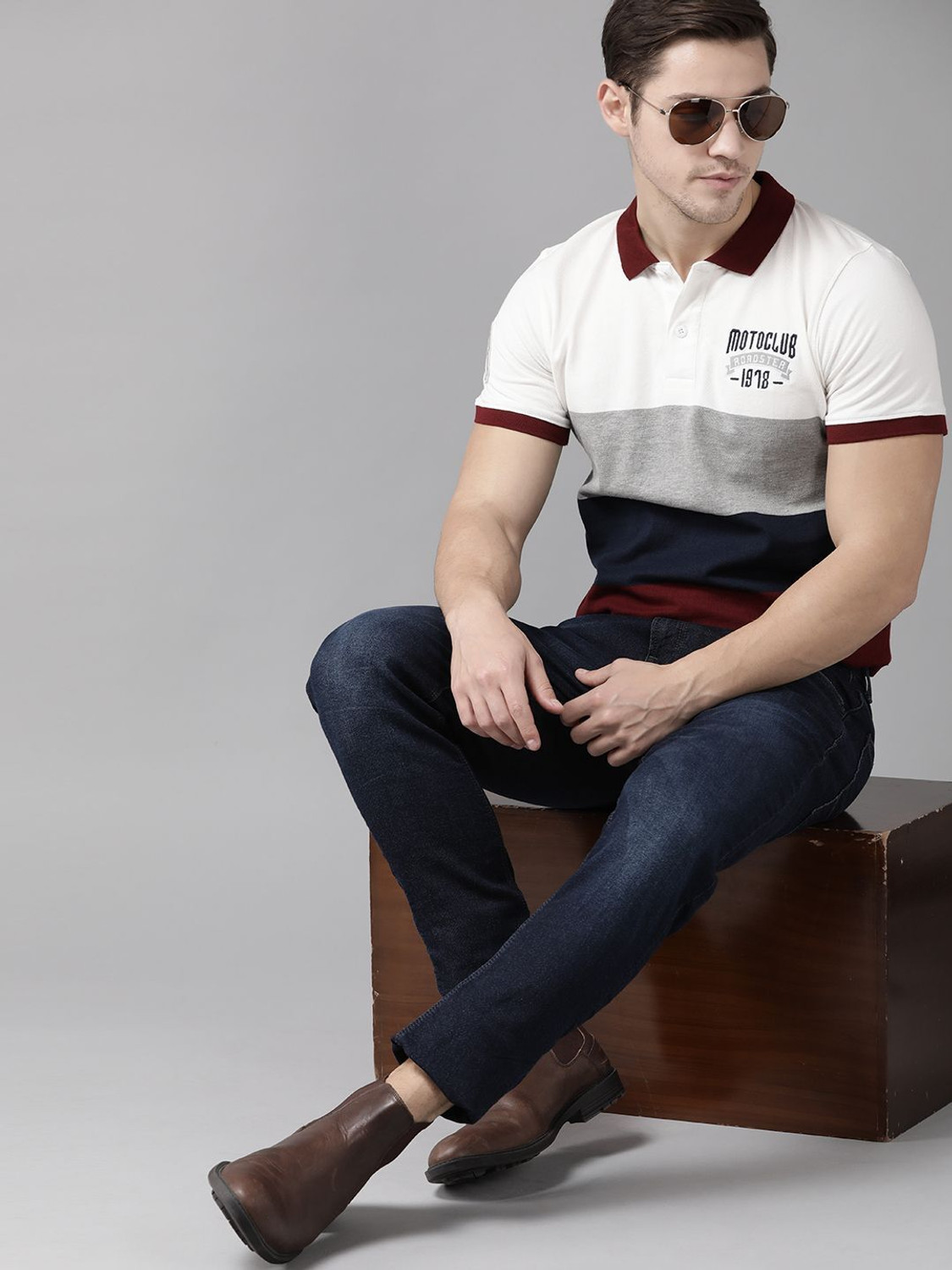 Image of Roadster Colorblock Men Polo Neck White T-Shirt