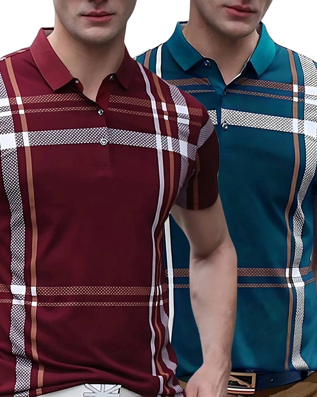 AUSK Pack of 2 Men Checkered Polo Neck Cotton Blend Multicolor T-