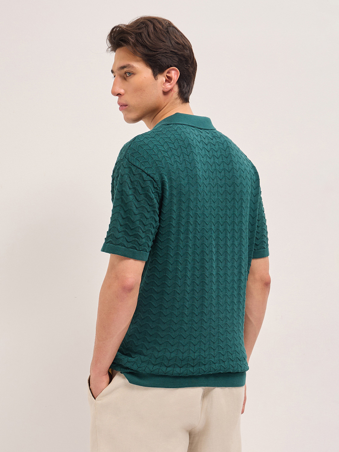 Image of THE BEAR HOUSE Self Design Men Polo Neck Green T-Shirt
