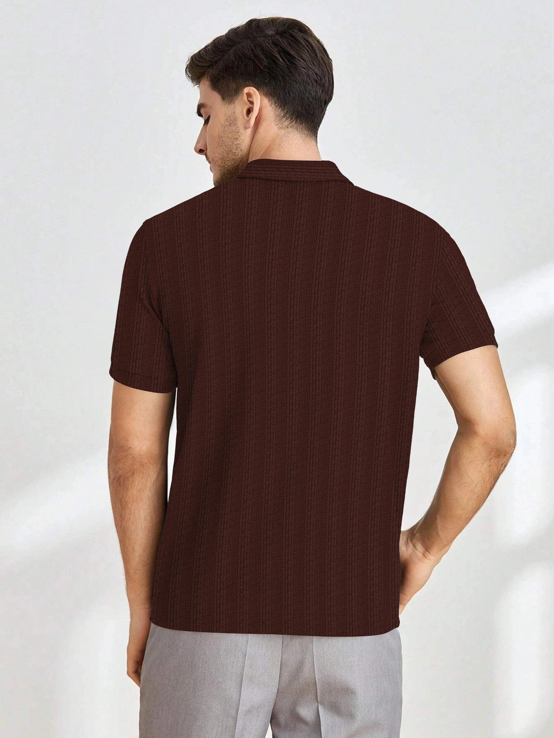 Image of KAJARU Self Design Men Zip Neck Brown T-Shirt