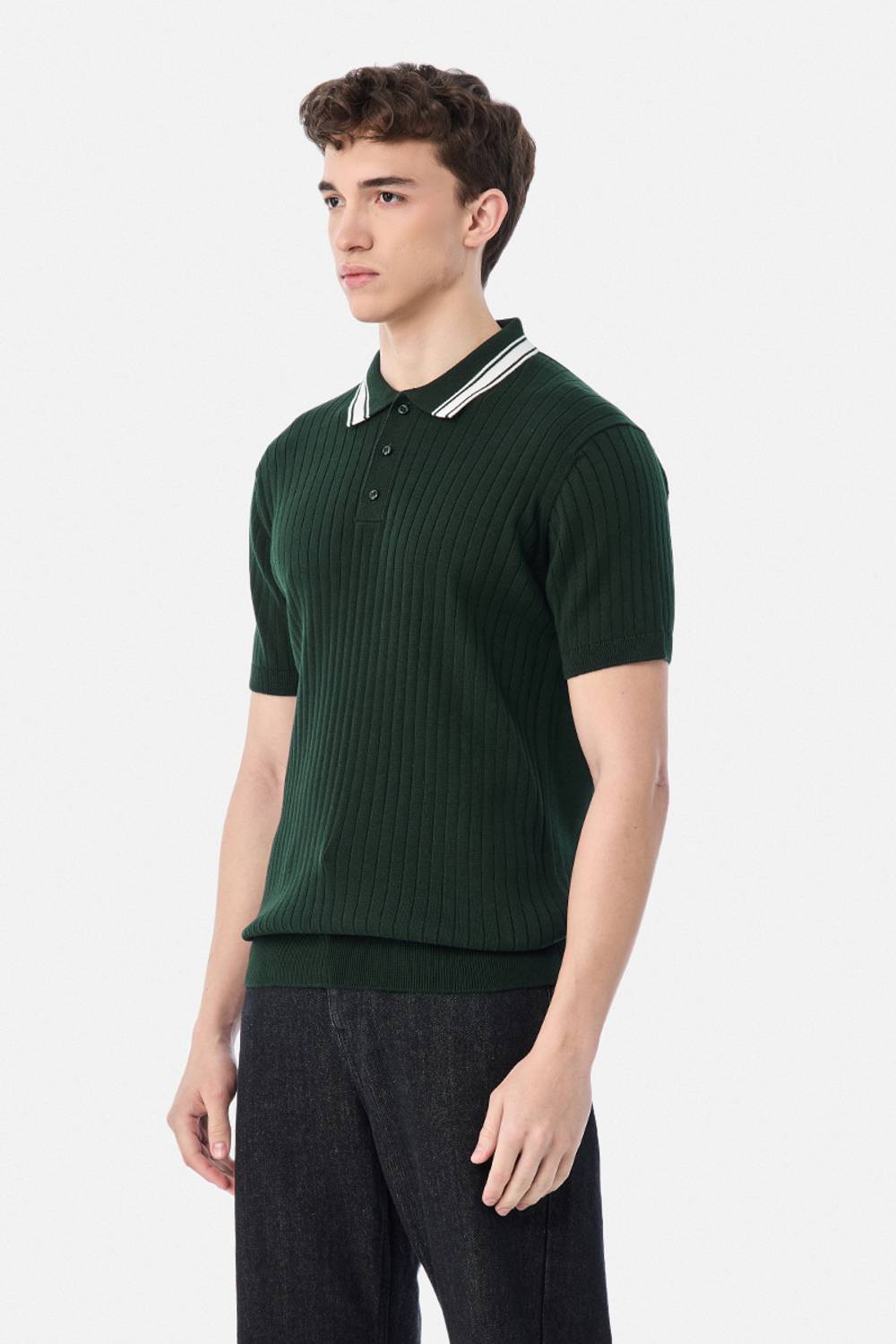 Men Solid Polo Neck Pure Cotton Green T-Shirt - Image 4