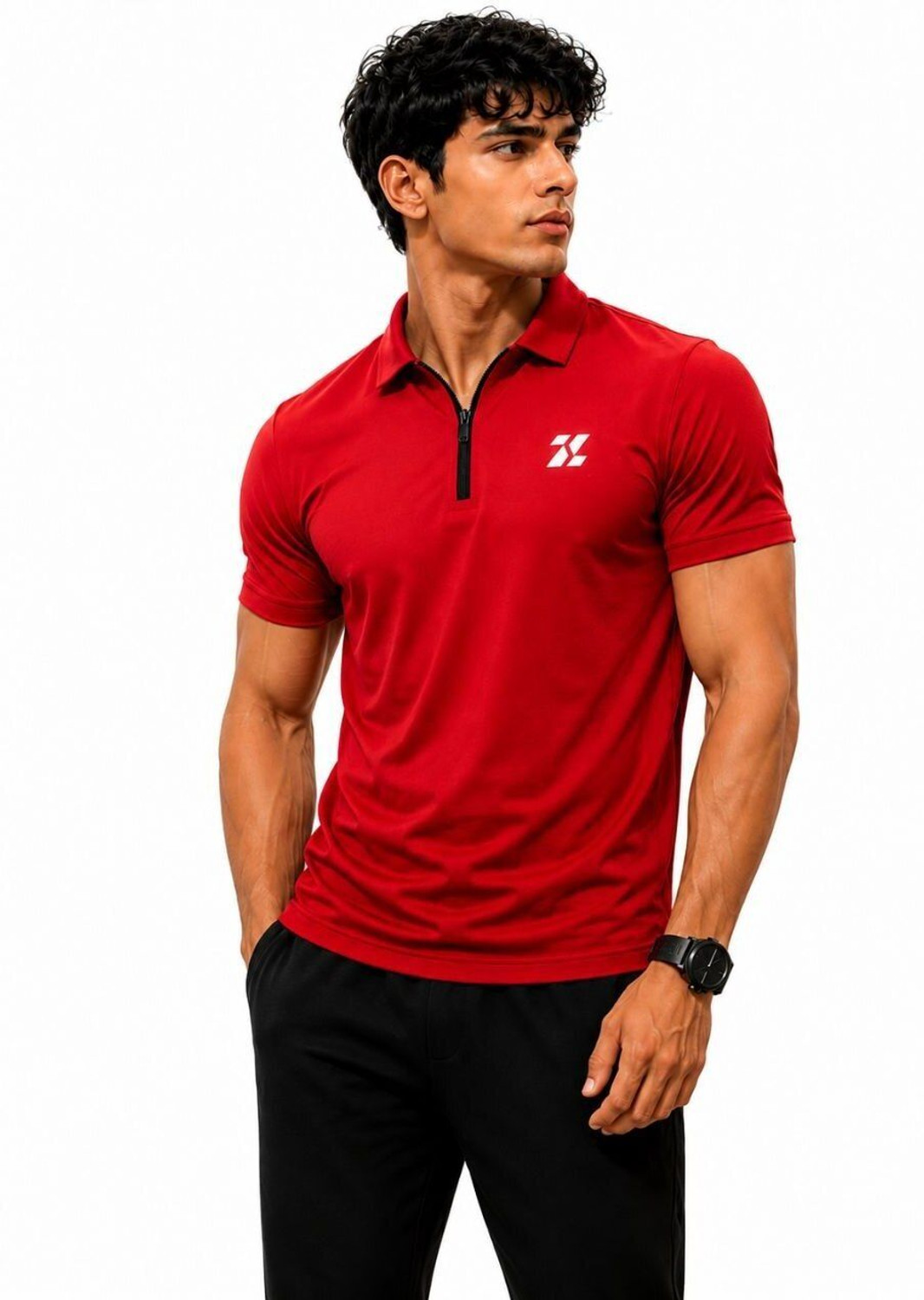 Image of zenfit Men Self Design Zip Neck Polyester Red T-Shirt