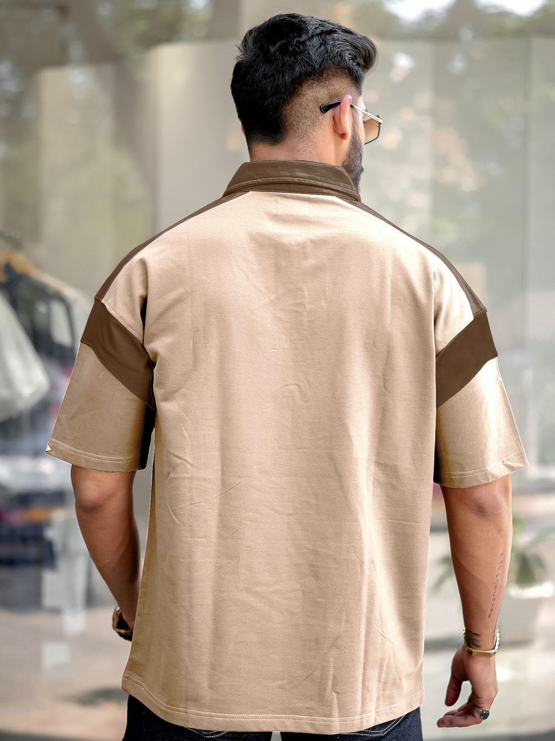 Image of MANIAC Printed Men Polo Neck Beige T-Shirt