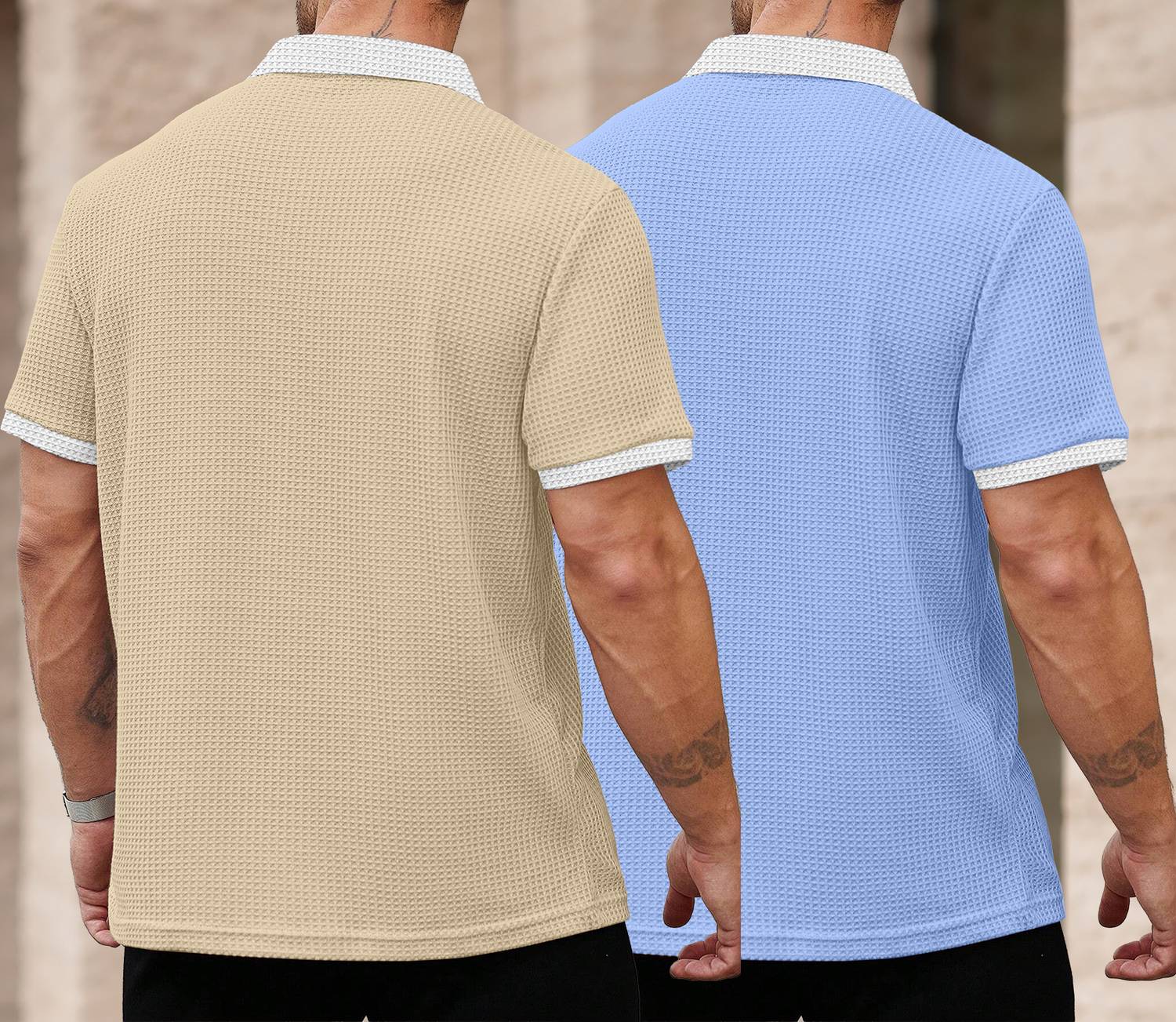KAJARU Men Beige, Blue Zip Neck T-Shirt - Image 2