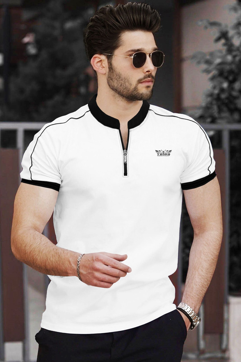 Image of TRIPR Printed Men Mandarin Collar White, Black T-Shirt