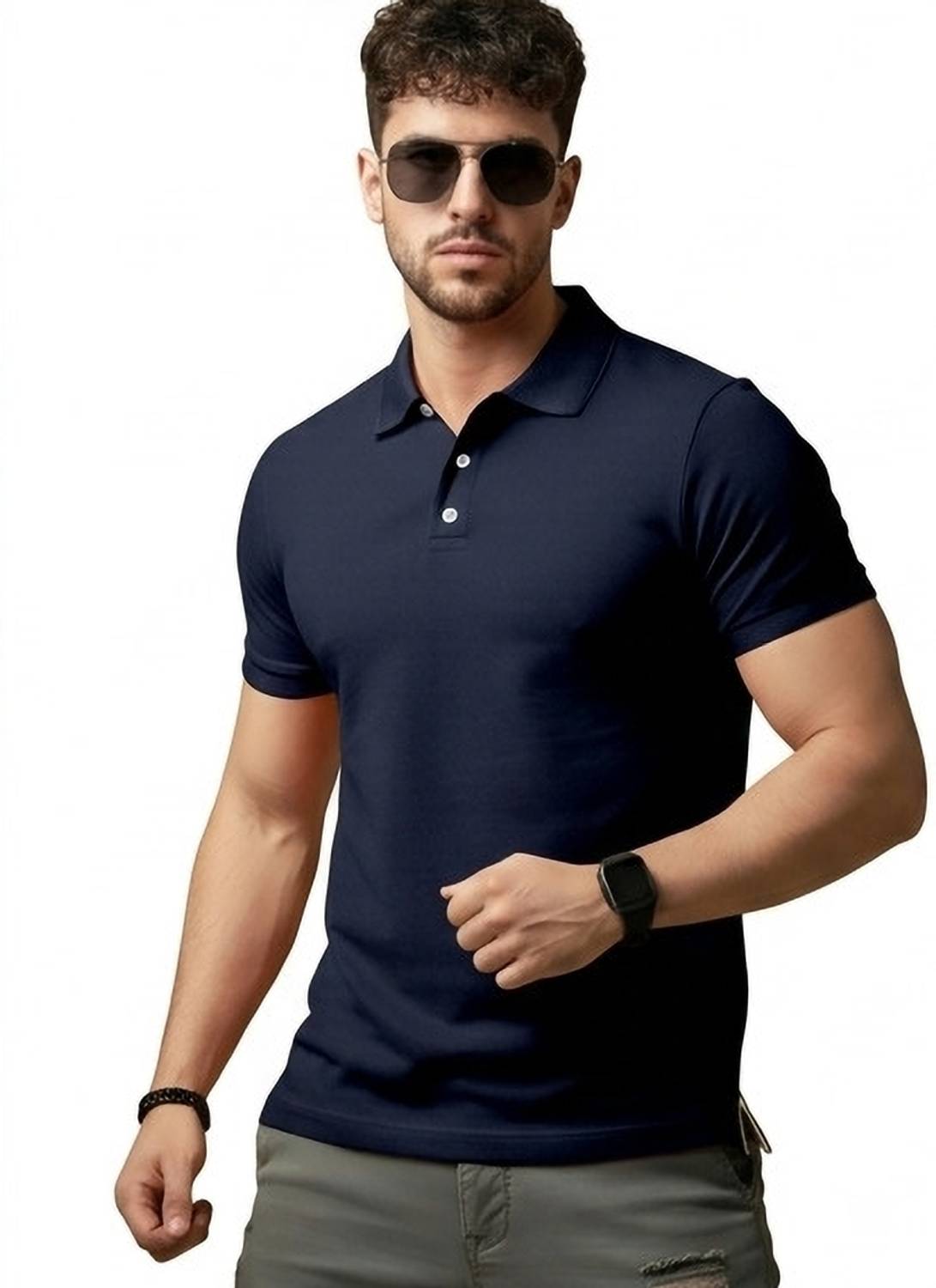 Parishow Solid Men Polo Neck Navy Blue T-Shirt - Buy Parishow