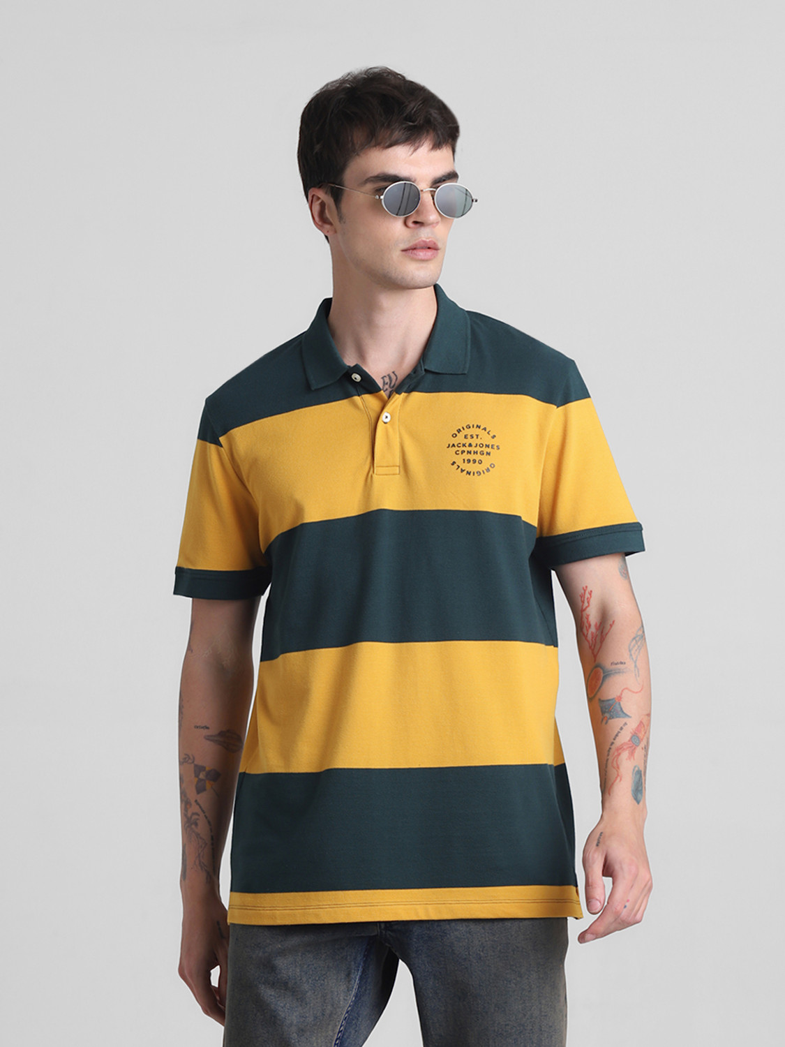 Image of JACK & JONES Striped Men Polo Neck Yellow T-Shirt