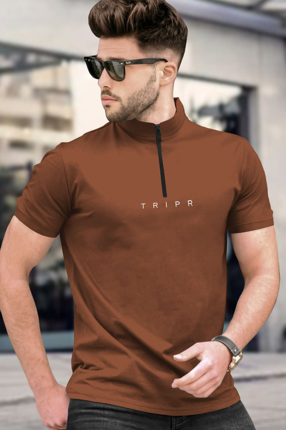 Image of TRIPR Solid Men Henley Neck Brown T-Shirt
