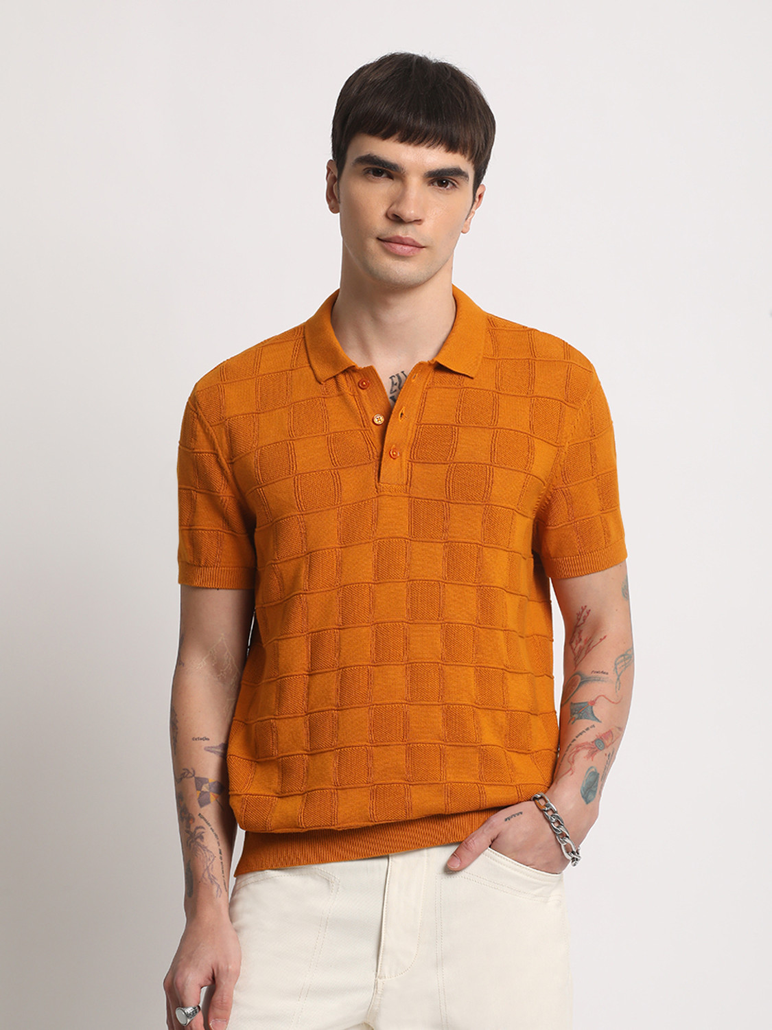 Image of THE BEAR HOUSE Checkered Men Polo Neck Orange T-Shirt
