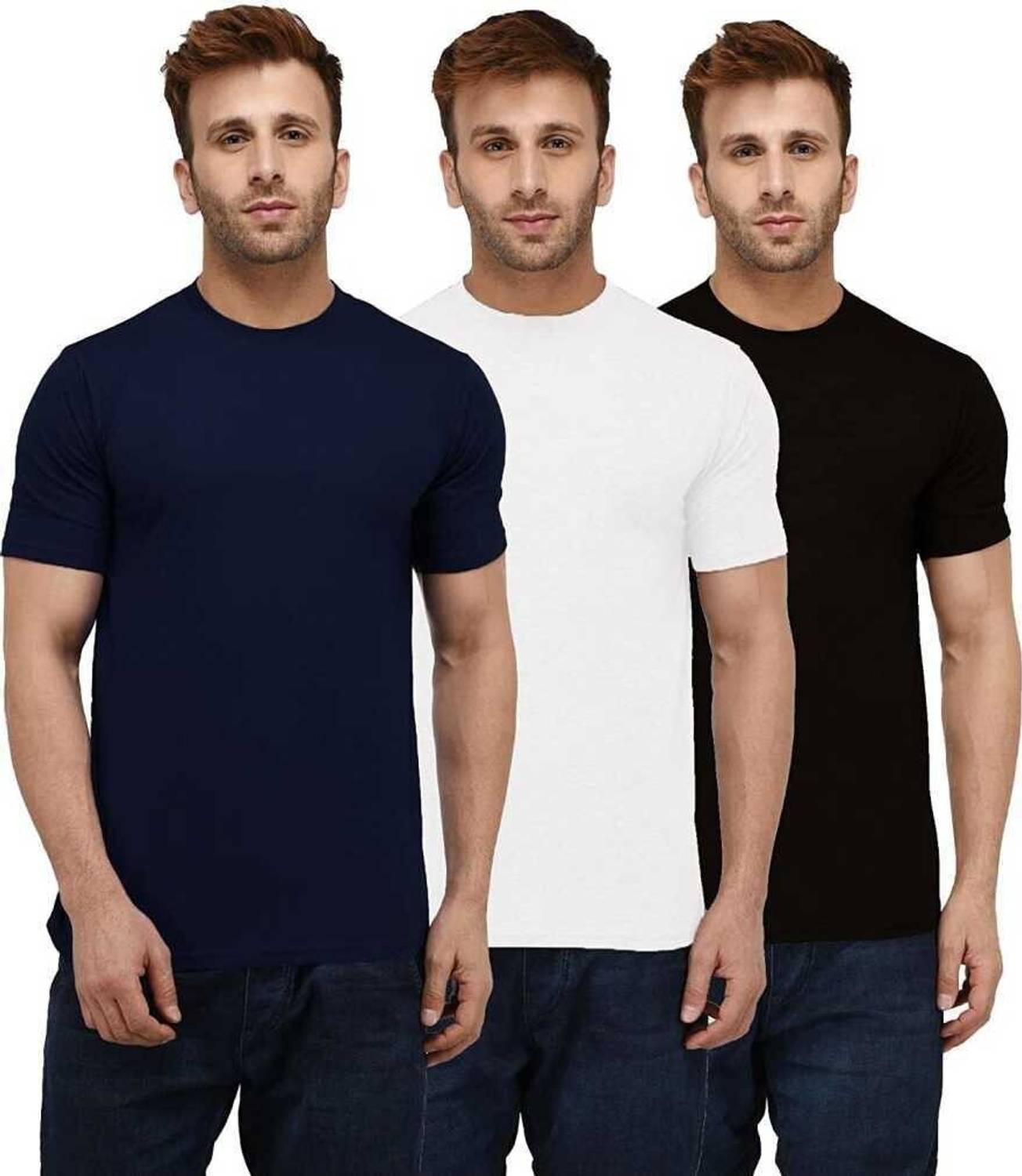 INKKR Pack of 3 Men Solid Round Neck Cotton Blend Multicolor T-Sh