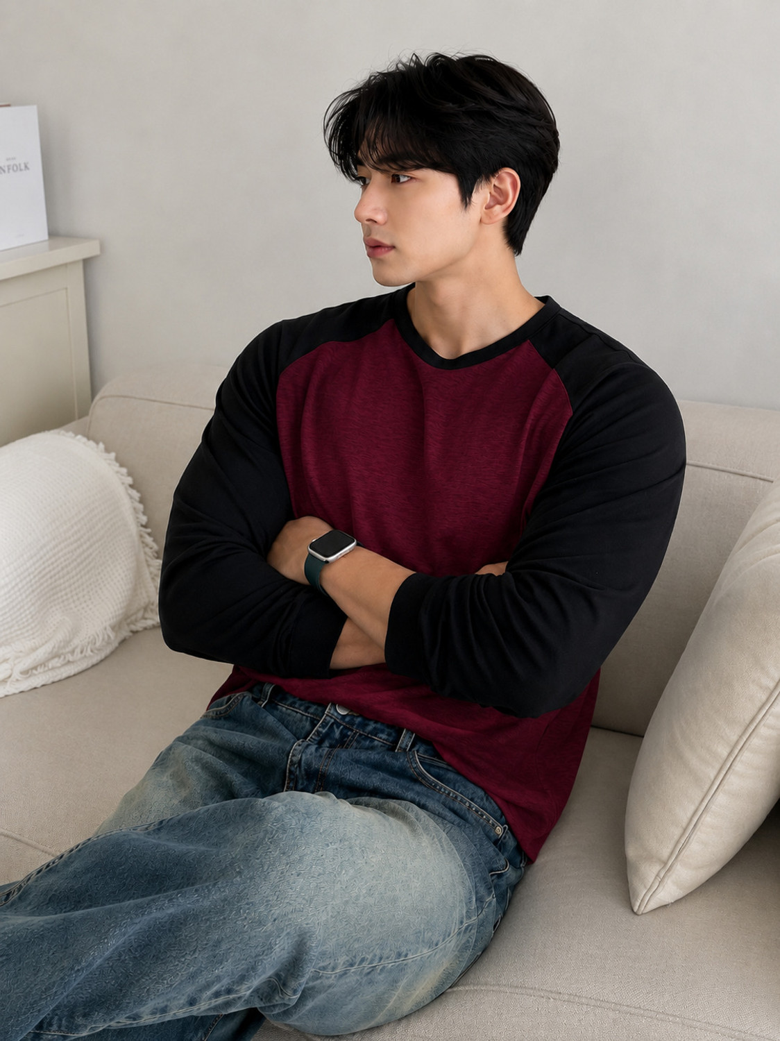 Image of Wrodss Colorblock Men Round Neck Black, Maroon T-Shirt