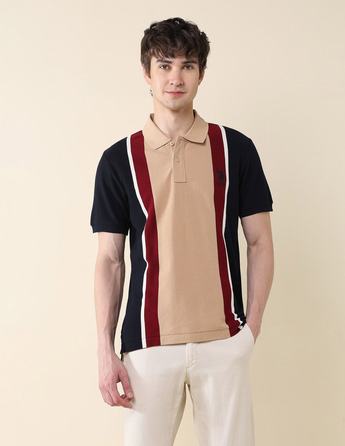 Image of U.S. POLO ASSN. Colorblock Men Polo Neck Blue T-Shirt