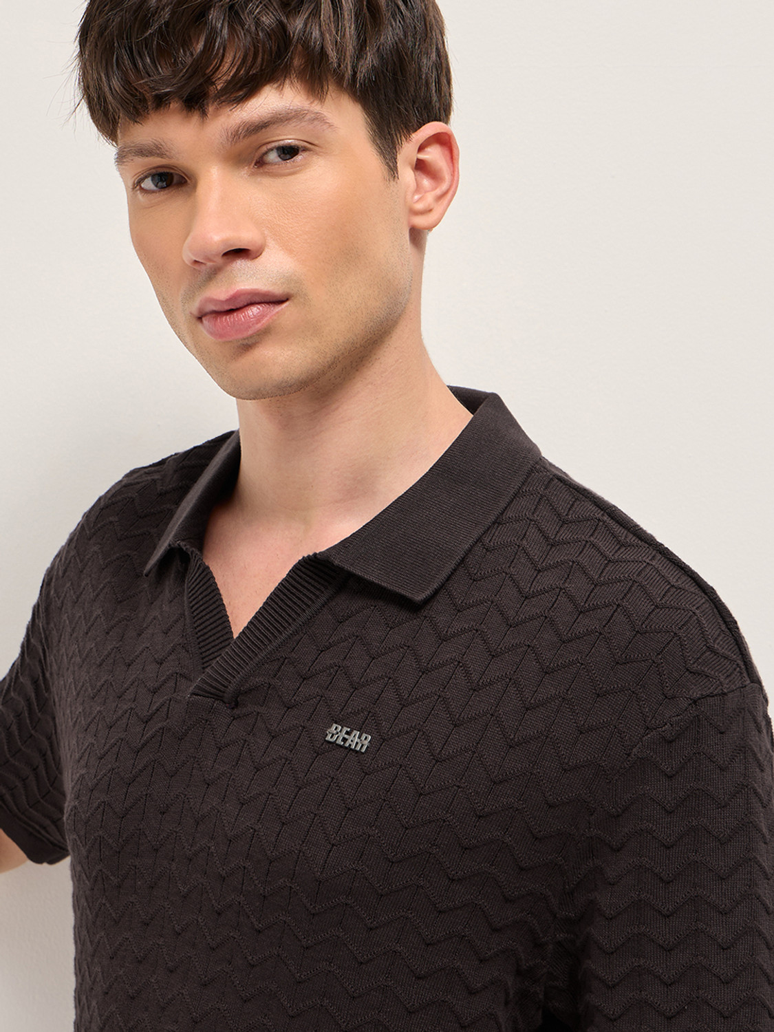 Image of THE BEAR HOUSE Self Design Men Polo Neck Brown T-Shirt
