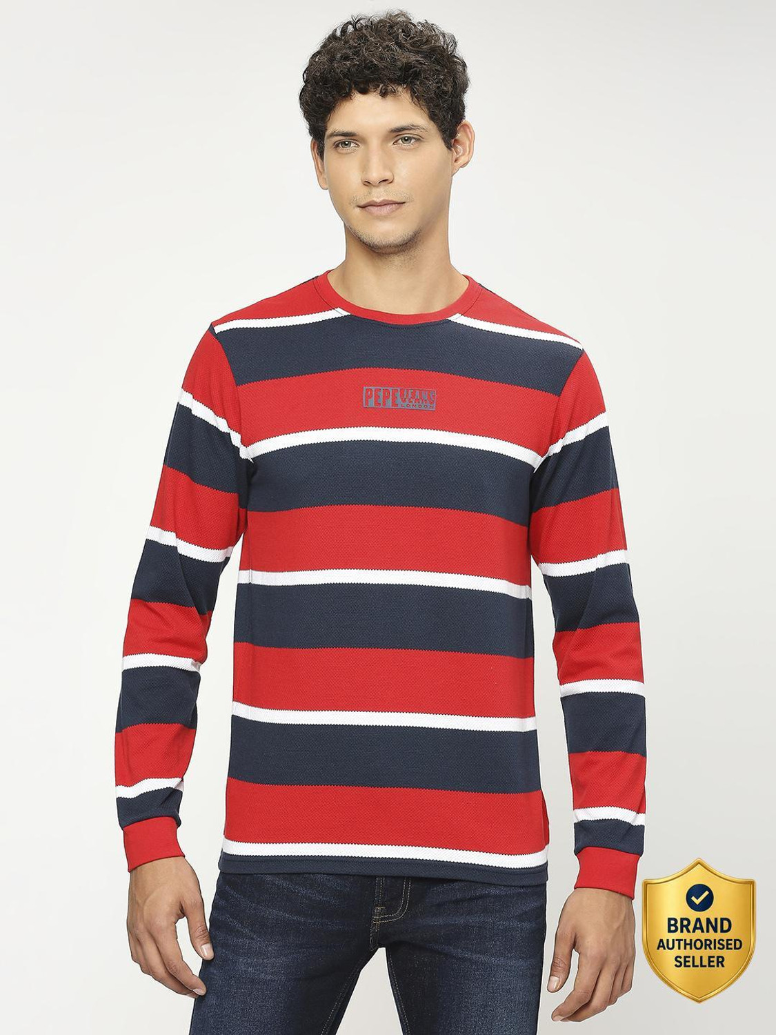 Image of Pepe Jeans Striped Men Round Neck Red T-Shirt