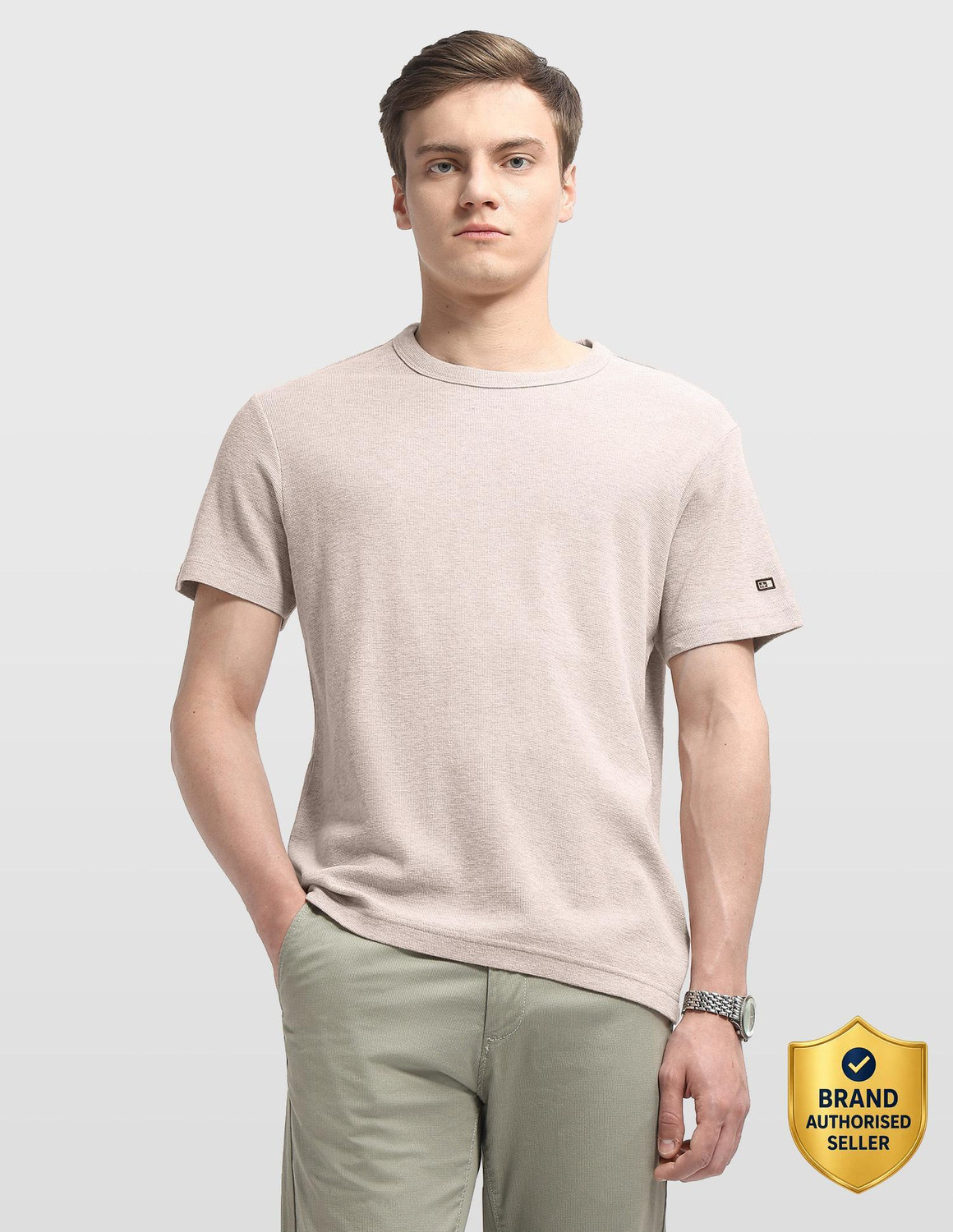 Image of Arrow Sport Self Design Men Crew Neck Beige T-Shirt