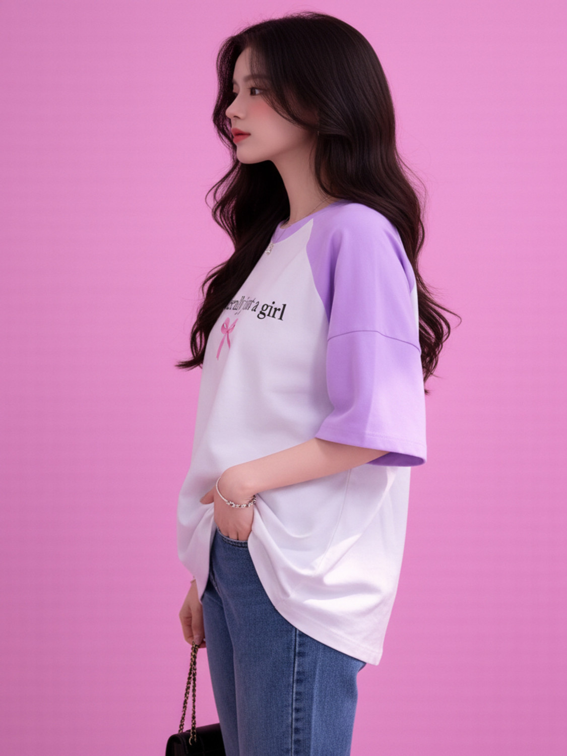 Image of UG Fashion Colorblock Women Round Neck Purple, White T-Shirt
