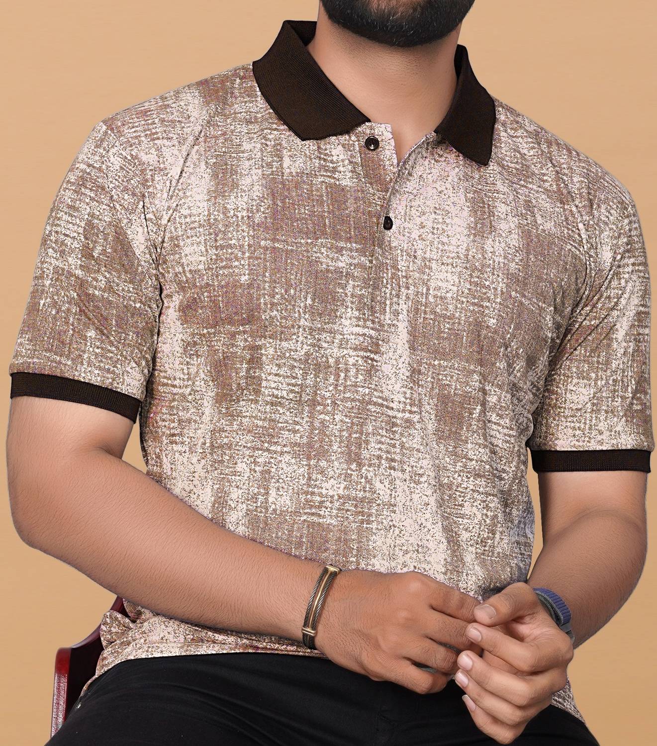 KAJARU Men Printed Polo Neck Polyester Beige T-Shirt