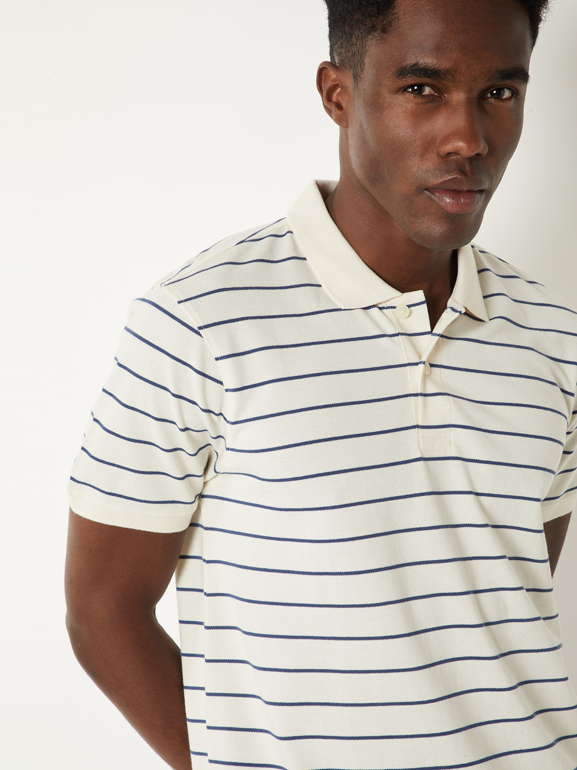 Image of MAX Striped Men Polo Neck White T-Shirt