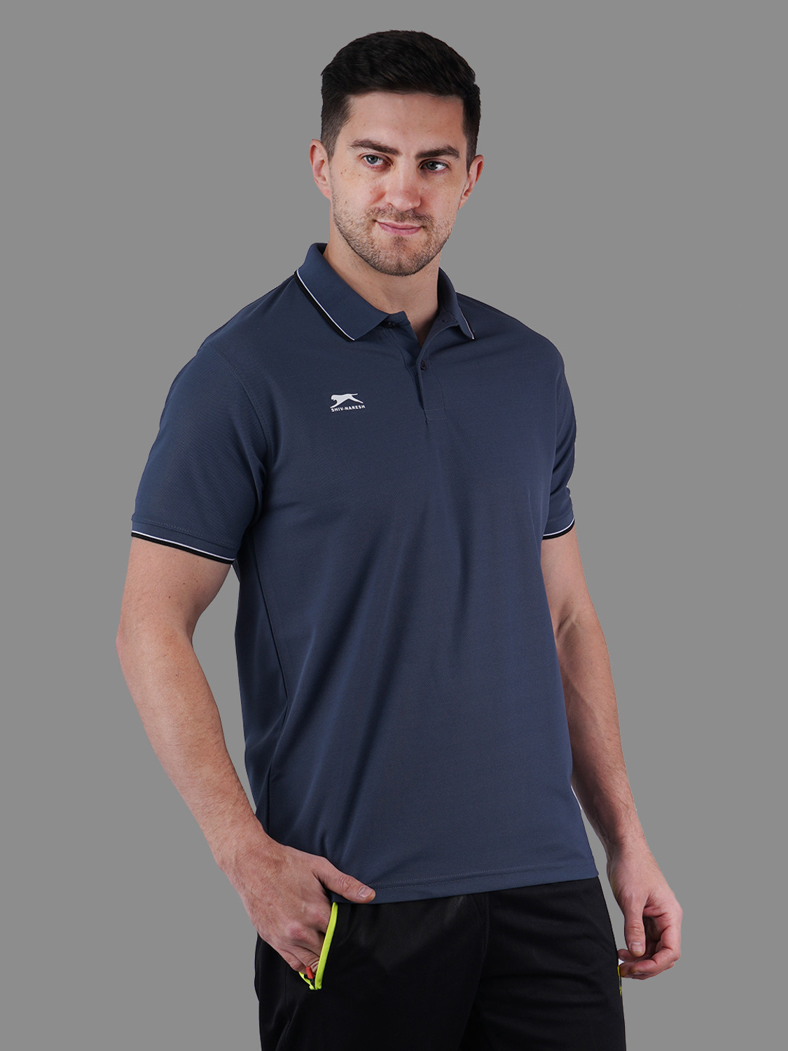 Image of Shiv Naresh Self Design Men Polo Neck Grey T-Shirt