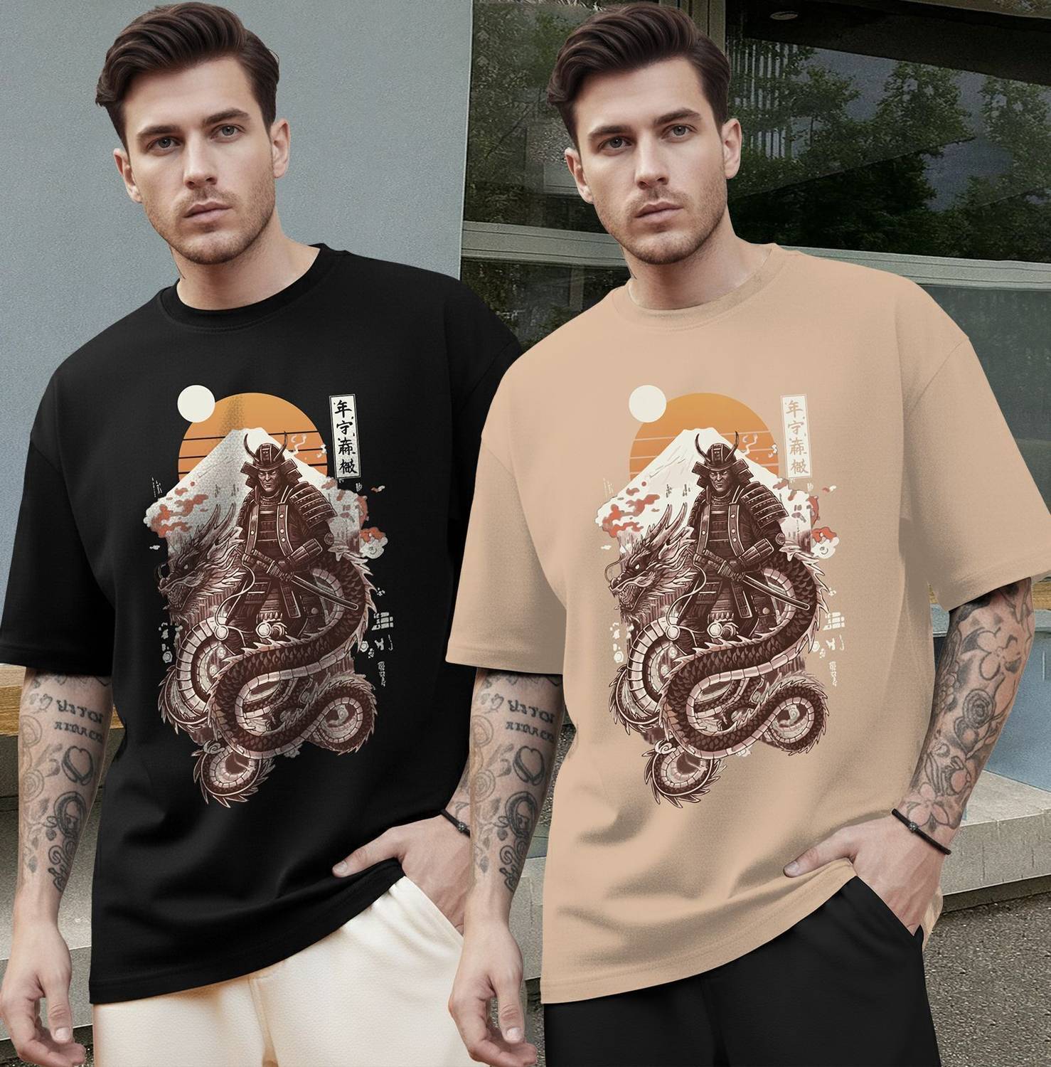 TRIPR Pack of 2 Oversized Men Printed Round Neck Cotton Blend Bla