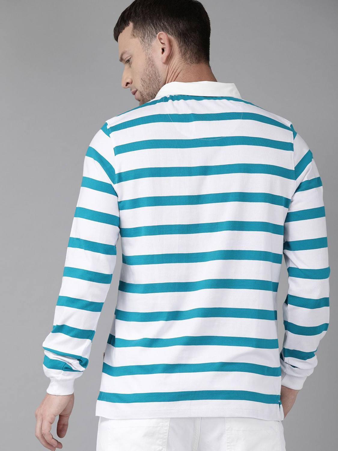 Image of Roadster Striped Men Polo Neck Blue T-Shirt