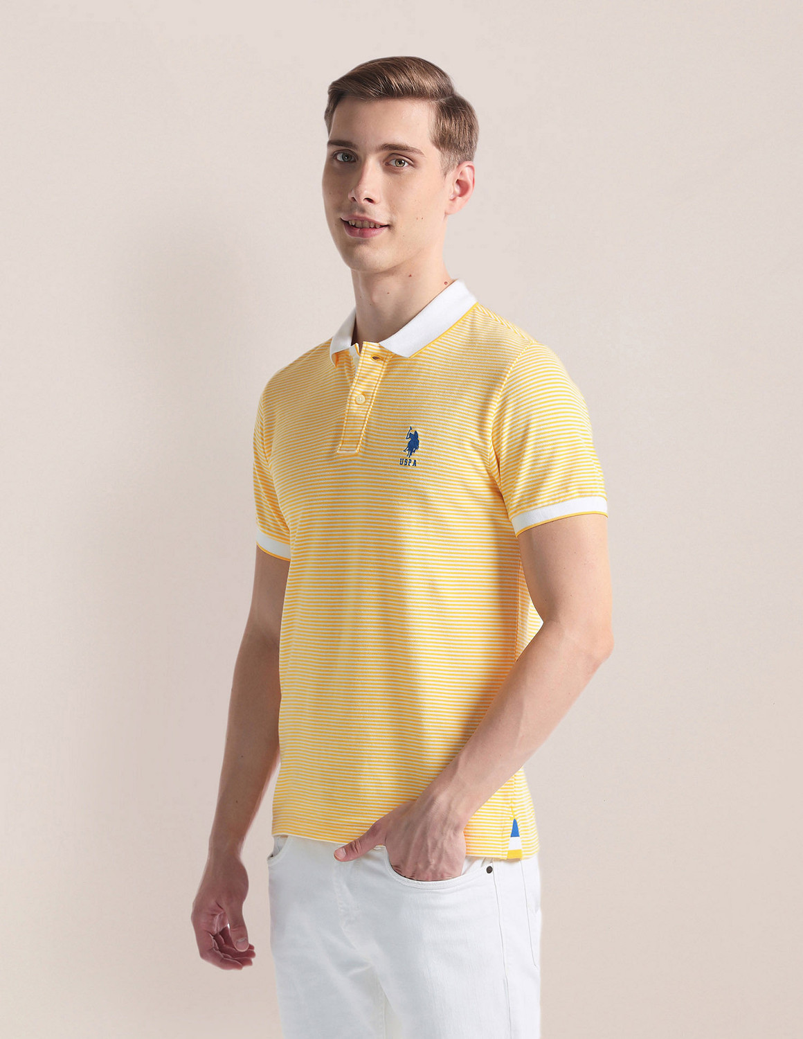 Image of U.S. POLO ASSN. Striped Men Polo Neck Yellow T-Shirt