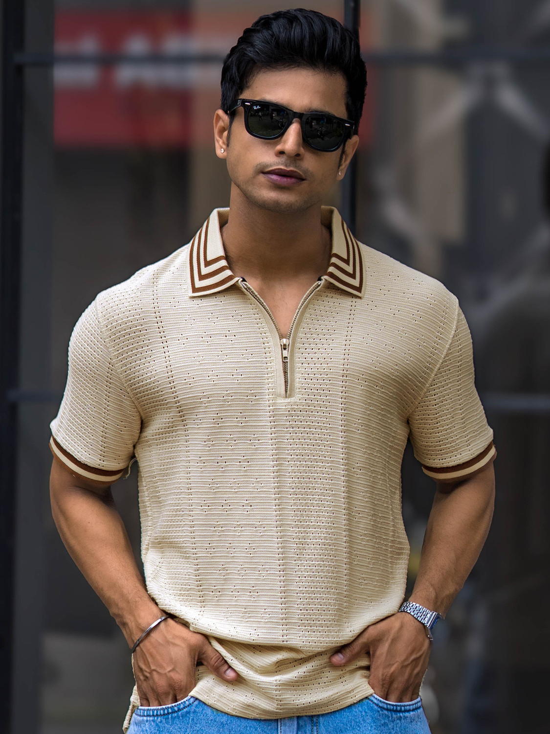 Image of MANIAC Self Design Men Polo Neck White T-Shirt