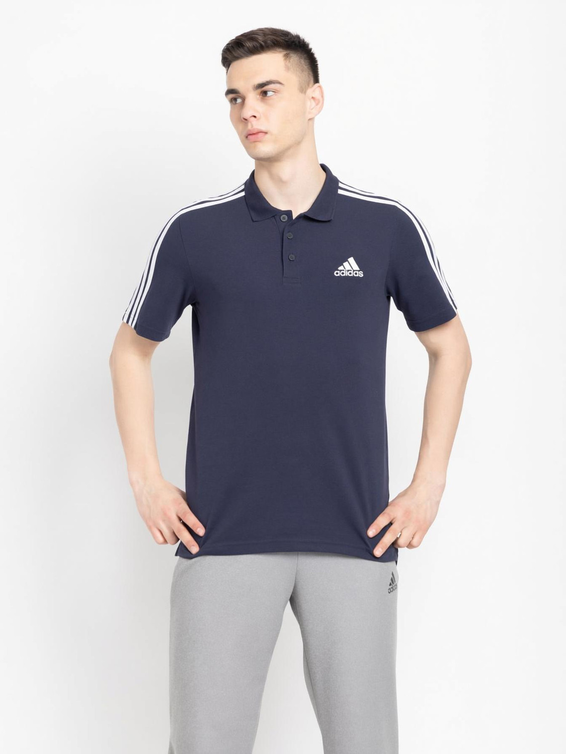 Image of ADIDAS Striped Men Polo Neck Blue T-Shirt