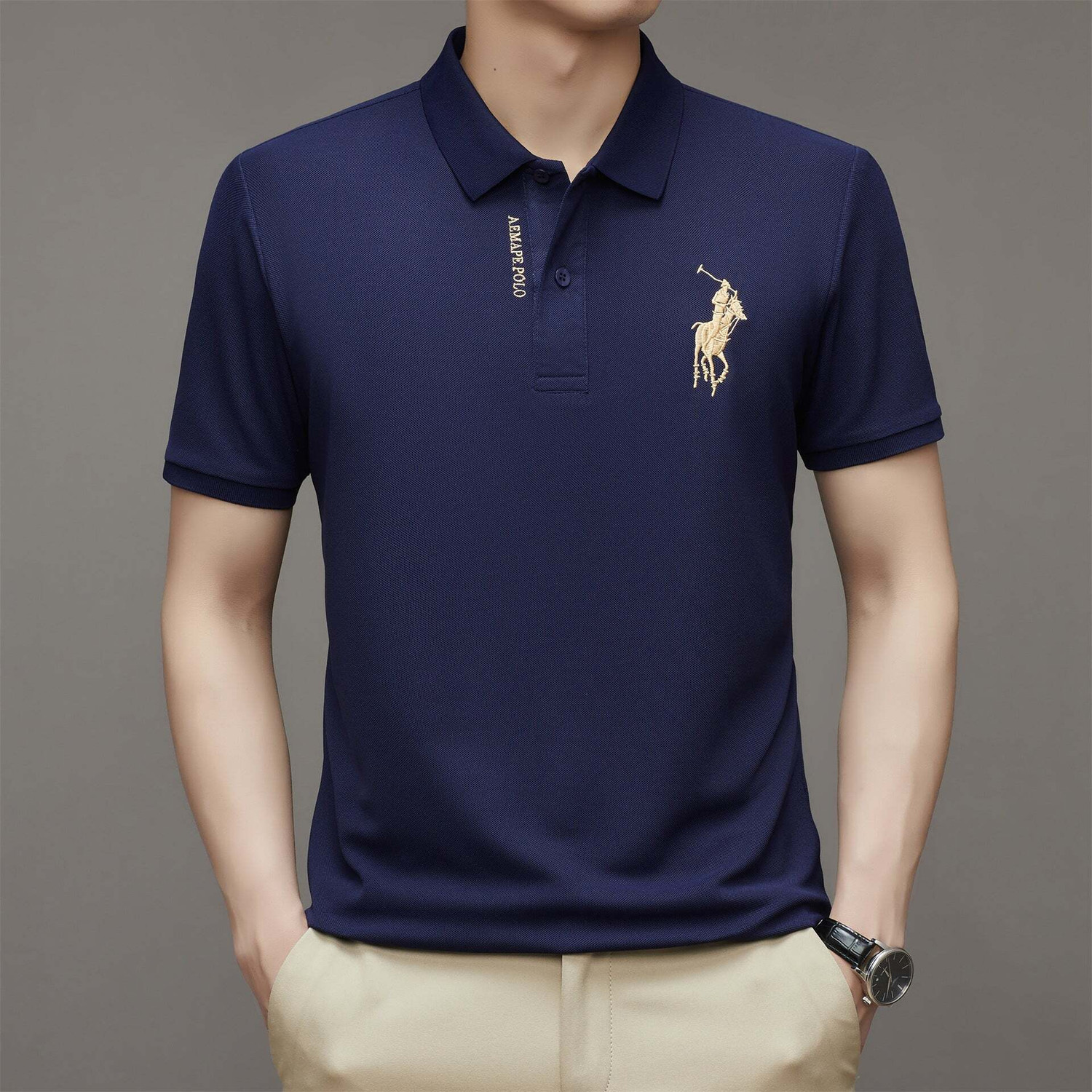 Image of TheGovindCo Embroidered Men Polo Neck Navy Blue T-Shirt